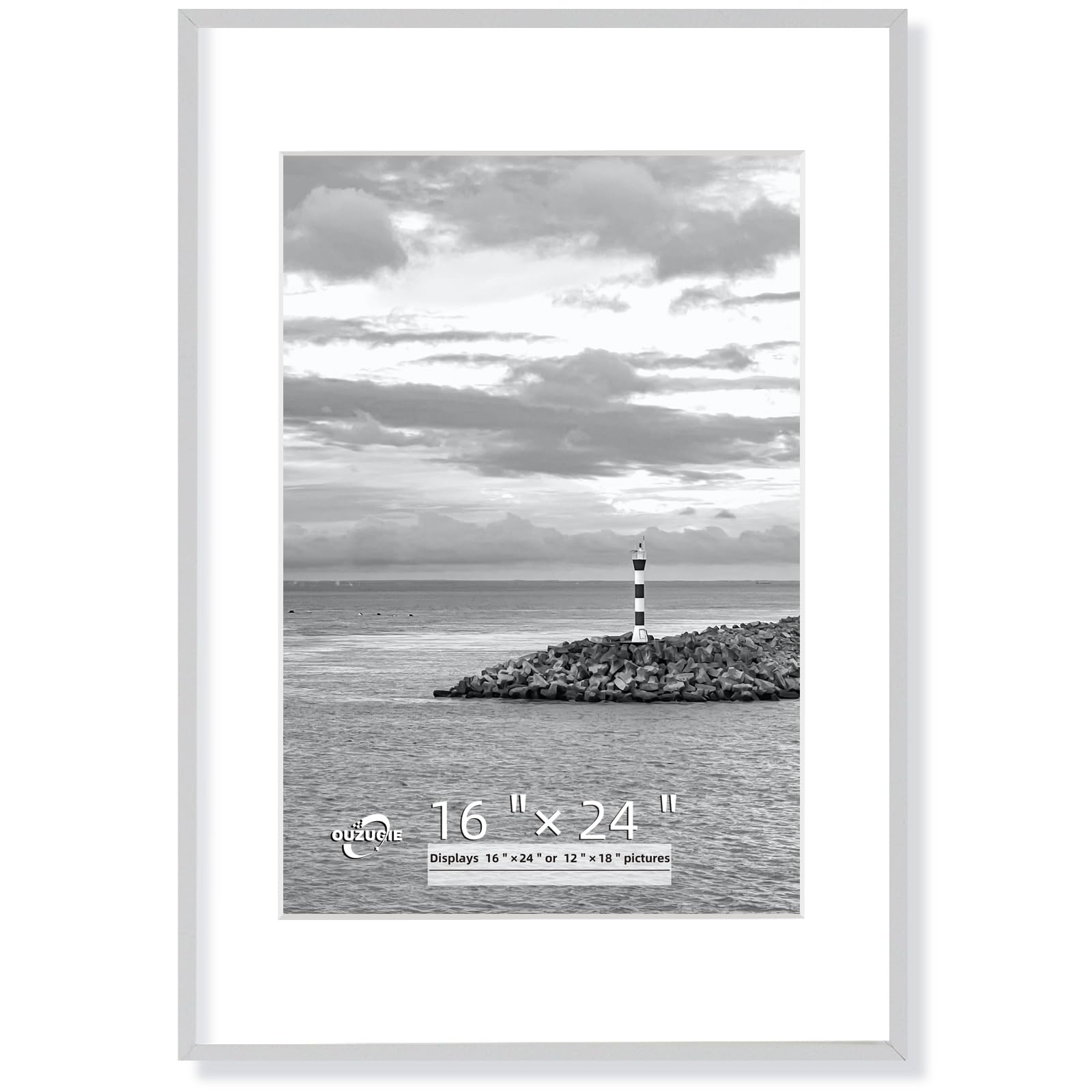 OUZUGIE 16X24 Picture Frame,Display Poster 12X18 With Mat or 16X24 Without Mat,White Aluminum Poster Frames with Premium Acrylic,Photo Frames with Strong Corner Design for Gallery Wall and Tabletop