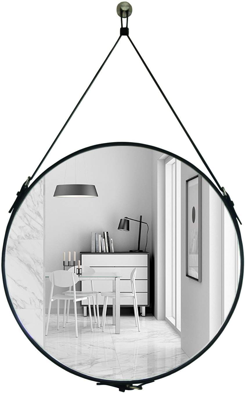 HofferRufferRound Wall Mirror Decorative Mirror, Hanging Mirror with Hanging Strap Silver Hardware /Hanger (Black, 23.6'')