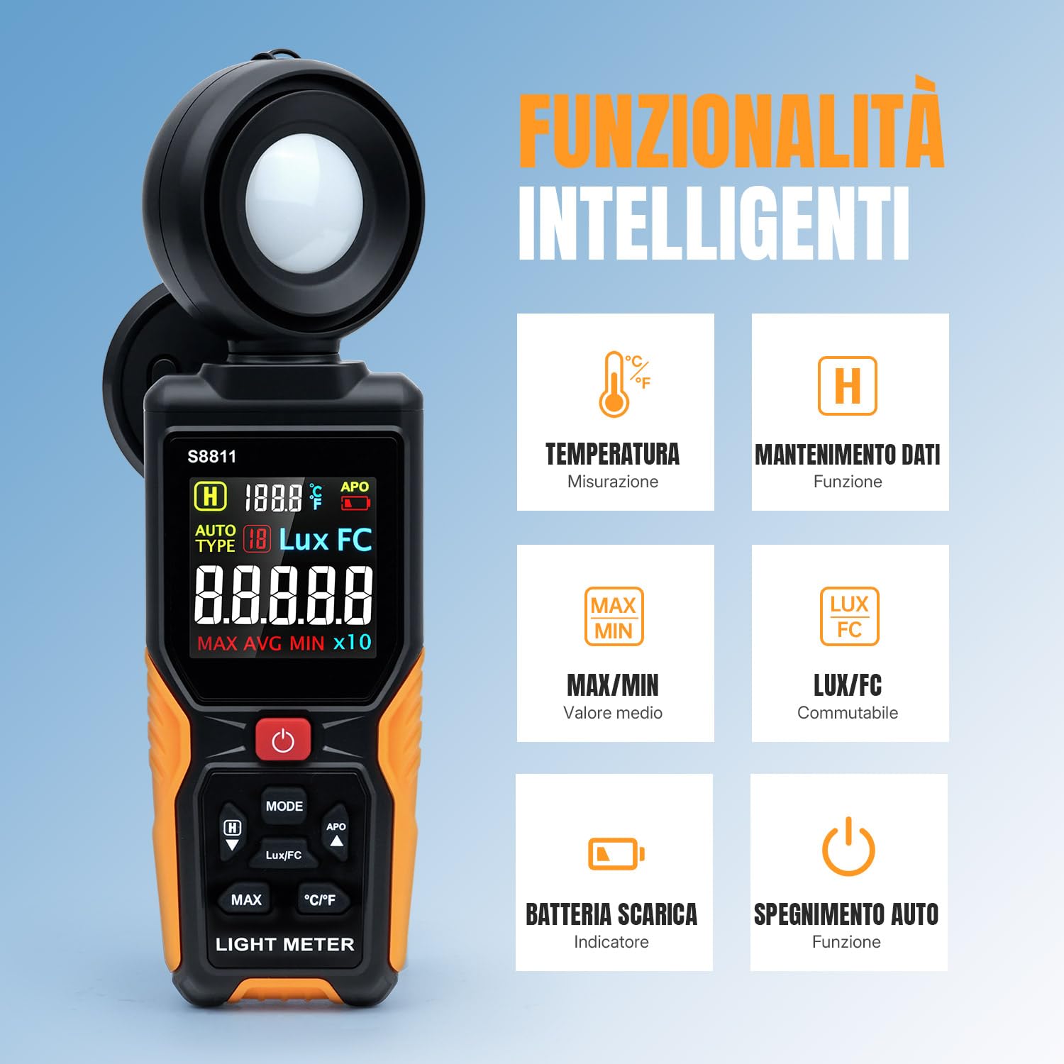 Mcbazel Misuratore di Luce Digitale, Lux/FC 200.000 Misuratore di Illuminazione ad Alta Precisione con Sensore Ruotabile a 270° e Display a Colori HD con Temperatura Ambiente per Piante, Fotografia