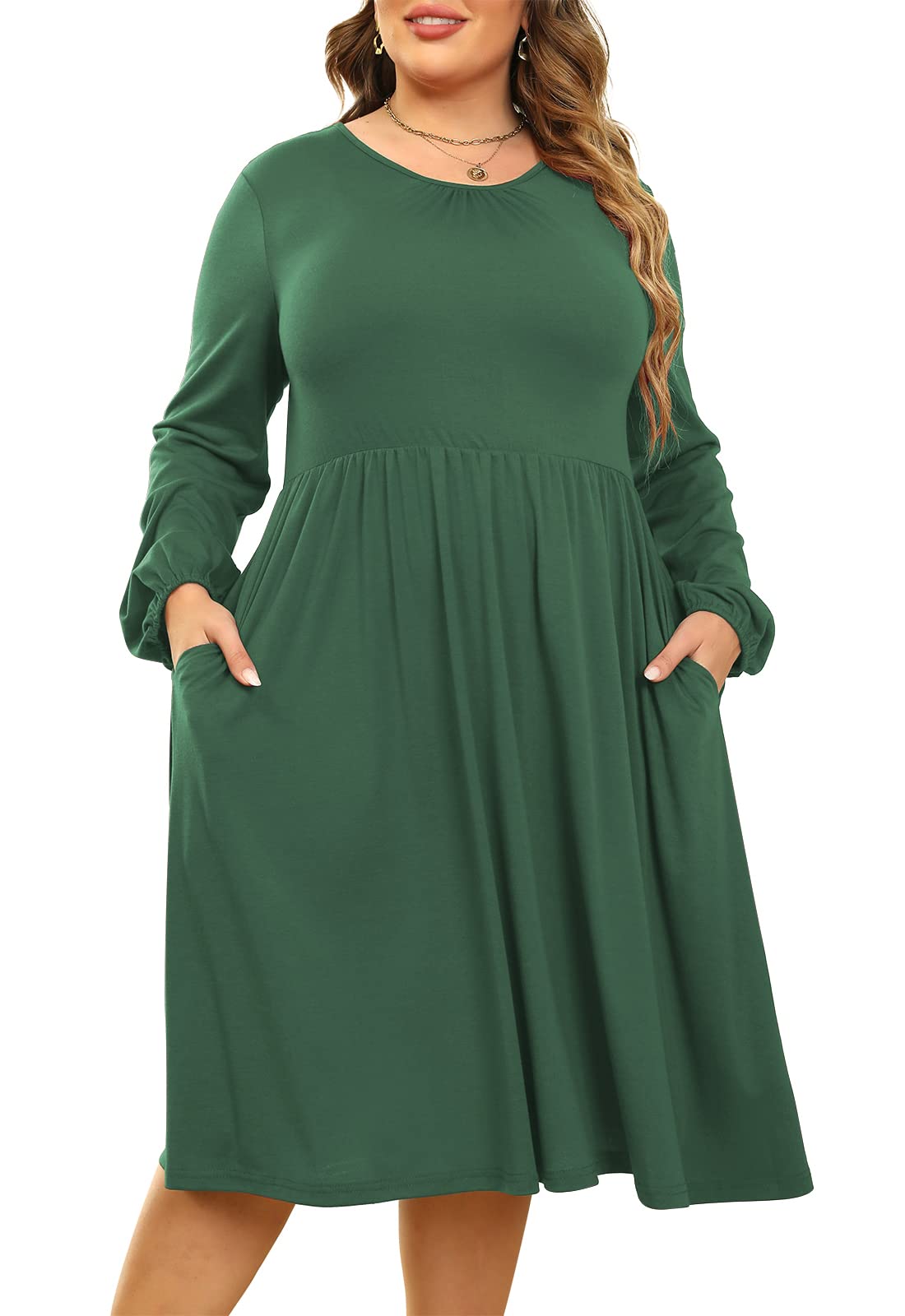Celkuser Womens Fall Plus Size Long Sleeve Loose Swing Casual Midi Dress with Pocket