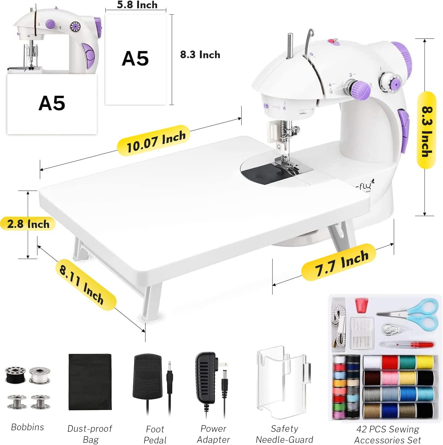 Magicfly Mini Sewing Machine with Extension Table, Dual Speed Portable Sewing Machine for Beginners with Light, Sewing Kit for Household Use, White