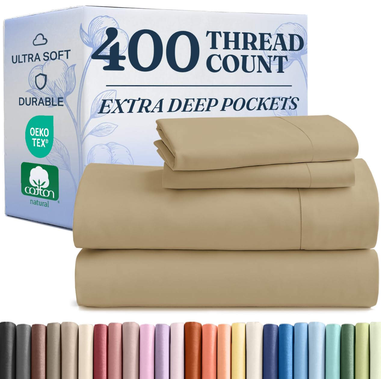 extra deep pockets 400 thread count 100% cotton 4 piece queen size bedding sheet set - breathable & cooling - hotel luxury bed sheets set - extra soft, wrinkle free & comfy beige bedding sheets set
