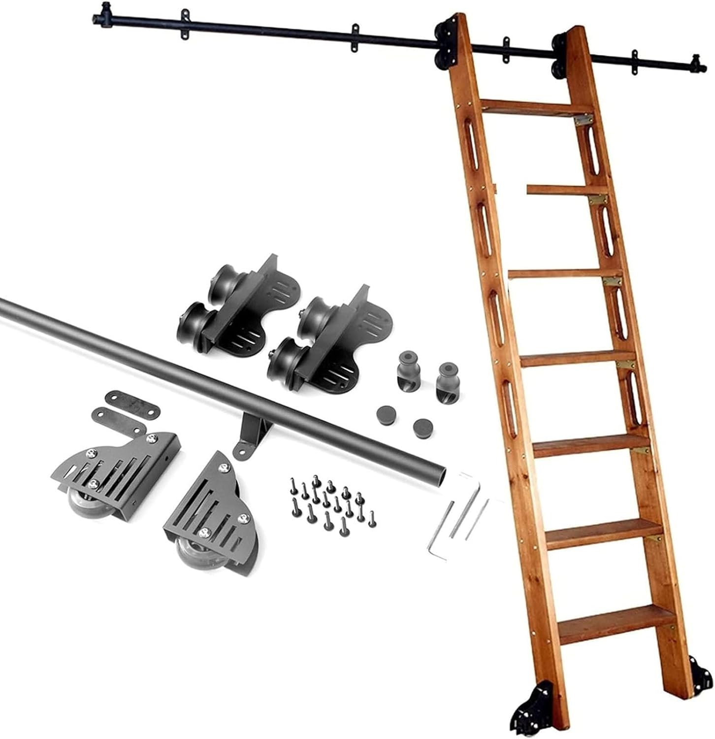3.3FT-26.2FT Retractable Rolling Ladder Hardware Library Sliding Ladder Hardware Kit Round Track/Rail+Floor Roller,Black Steel Mobile Ladder Track for Home/Indoor/Loft/,One Color-500cm trac