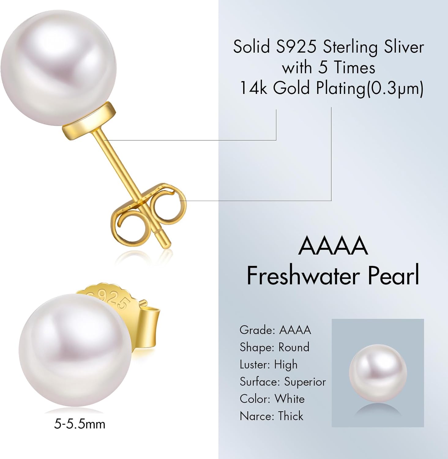KRKC Pearl Earrings for Women, Round White AAAA+ Freshwater Real Pearl, 14k Golden Plated Sterling Silver, Handpicked Genuine Cultured Pearls, Classic Bridal Earrings, Hypoallergenic Gifts For Mom