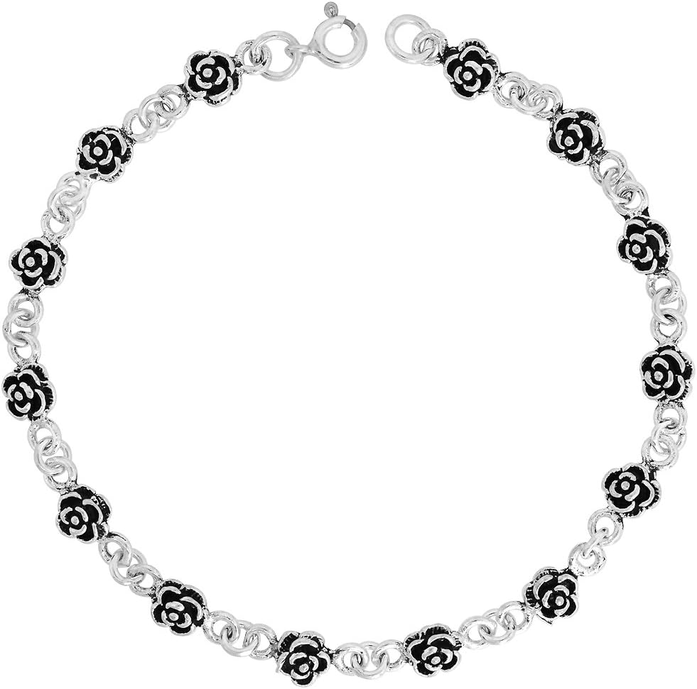 Dainty Sterling Silver Flower Bracelet for Women 1/4 wide 7.5 inch long
