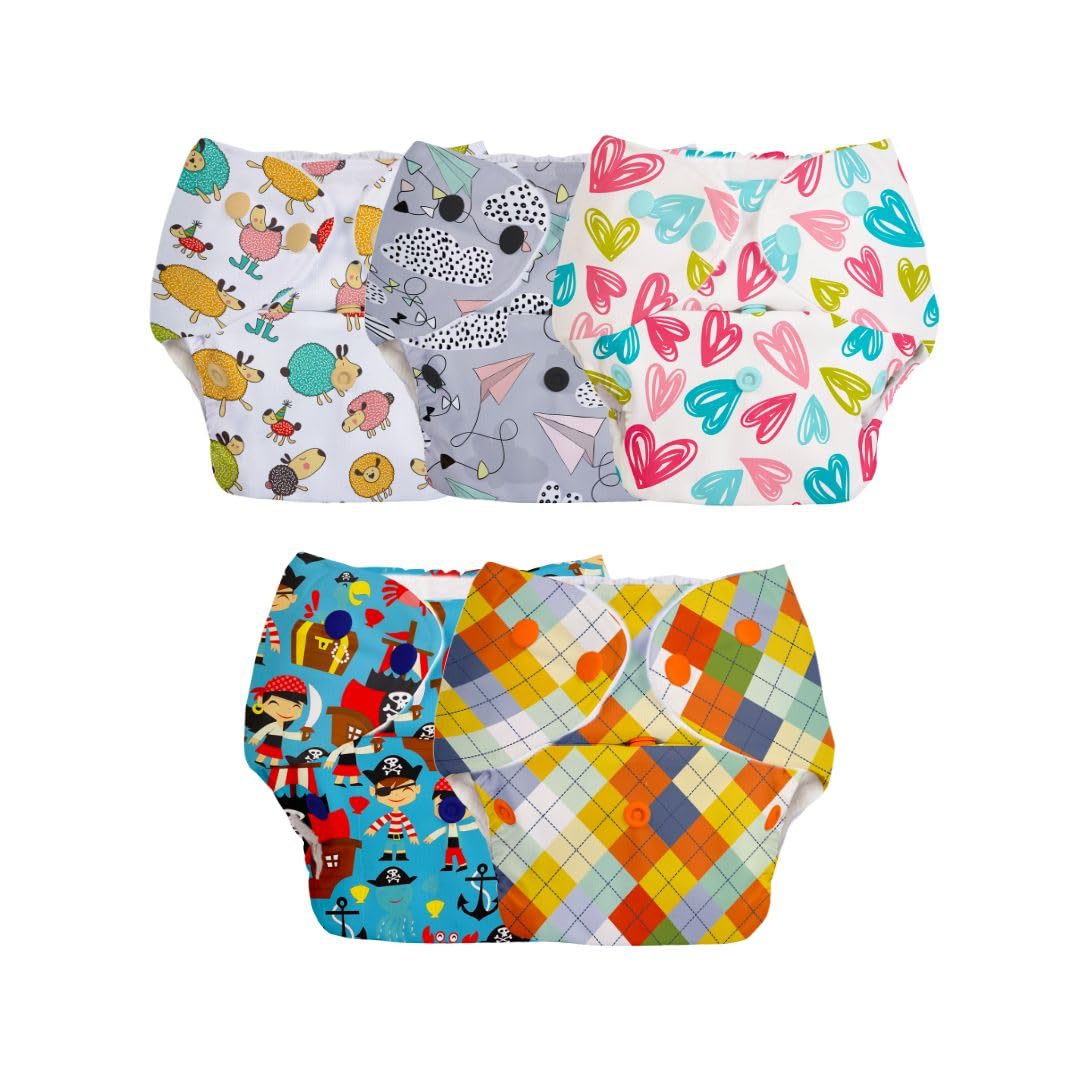 SuperBottoms BASIC Reusable 5 Cloth Diapers without pads | 100% cloth Freesize, washable Diapers for baby 0-3 Yrs |Stay Dry & Lasts up to 3Hrs | Trim Fitting