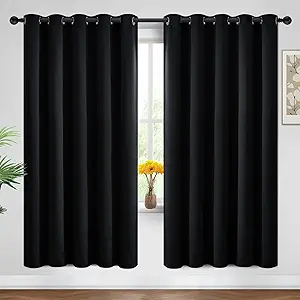 Yakamok Blackout Curtains Room Darkening Thermal Insulated Window Panels,Solid Grommet Top Drapes for Bedroom/Living Room(62Wx72L, Black, 2 Panels)