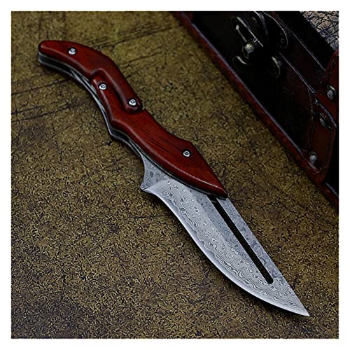Damasco Cuchillo plegable D2 Cuchillo plegable de acero Cuchillo de bolsillo al aire libre Cuchillo de caza de jungla Cuchillo de cuchilla fija con mango de madera de pera(H zdd1 A)
