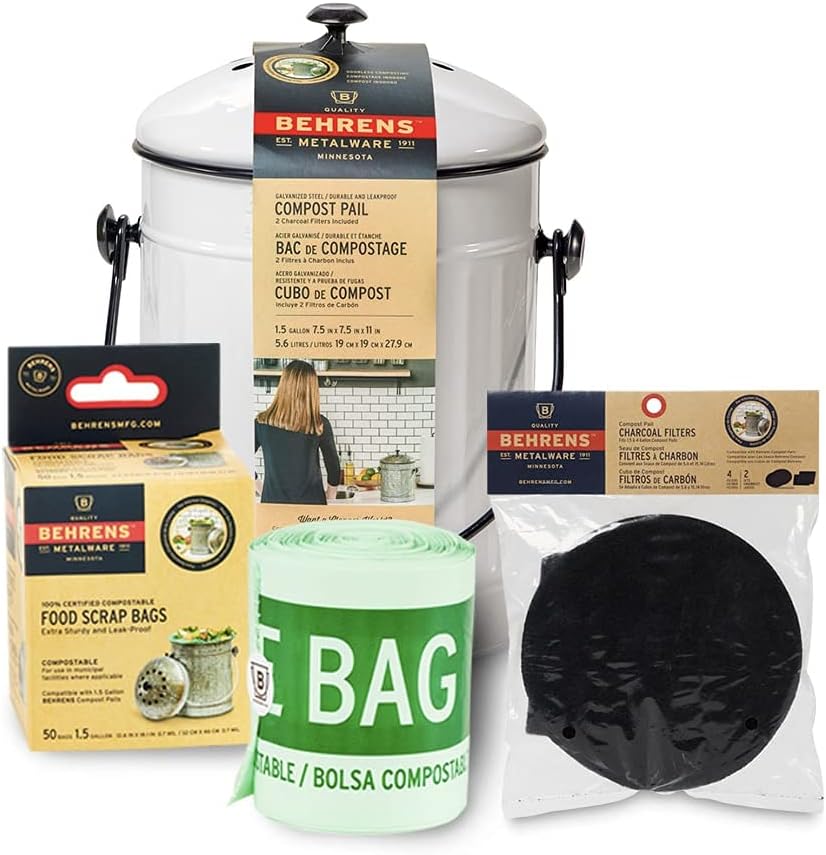 Behrens Countertop Compost Bin with Lid, 4 Charcoal Filters and 50 Compost Bags, White, 1.5