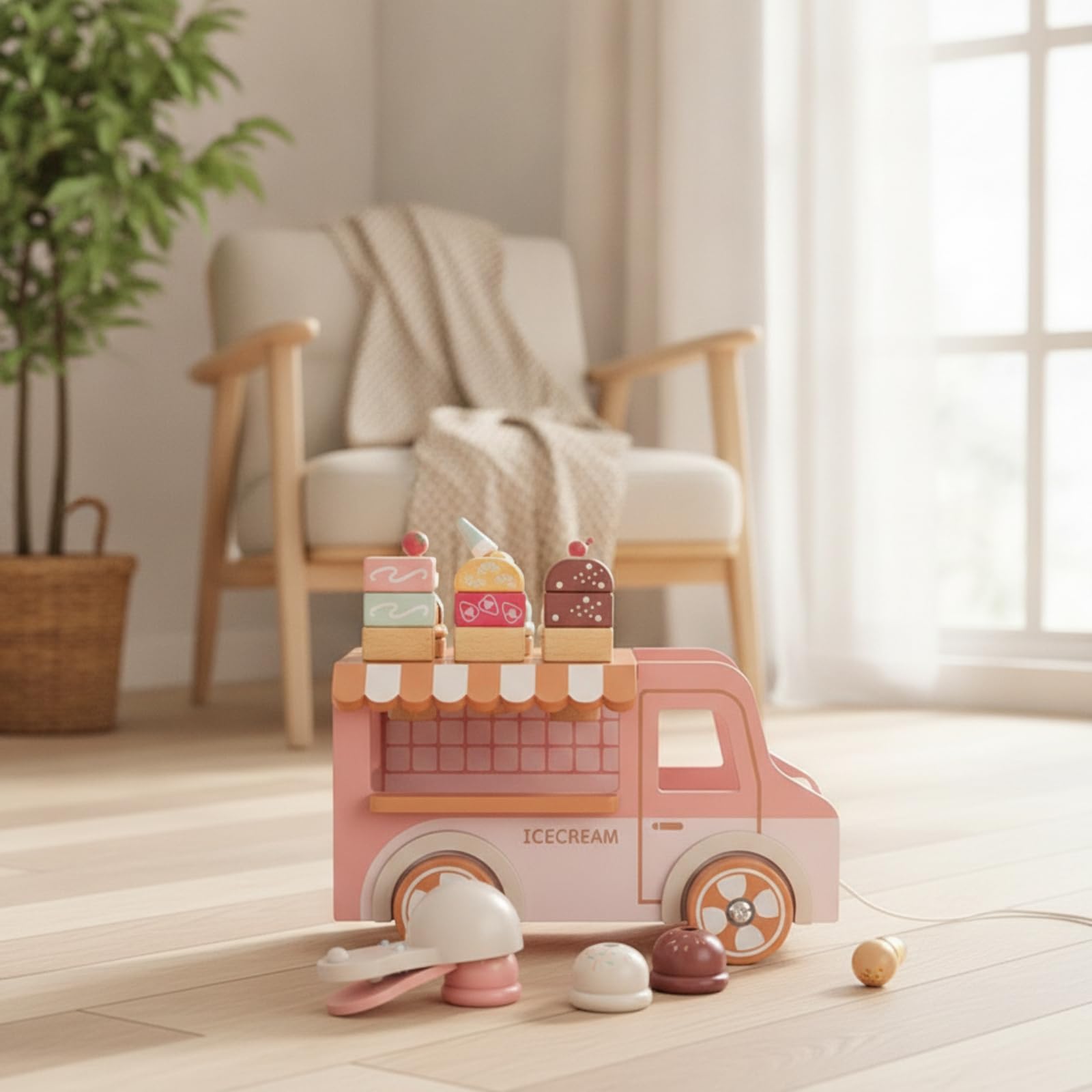 Carrito de Postres de Madera Juguete Camión Infantil Vehículo de Juego Cuerda para Tirar Bola de Madera Toldo a Rayas Helados Impresos Adecuado para