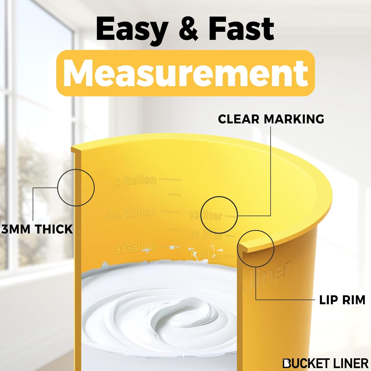 5 Gallon Bucket Silicone Liner with Lid Reusable for Thinset Paint Epoxy Concrete Mixing Bucket Saver with Graduated Measurements, Heavy Duty Yellow (5 Gallon with Lid)