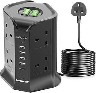 Tower Extension Lead with USB Slots 8 Way Multi Plug Extension Lead Surge Protection Tower Extension Cord with Switch Tower Plug Extender Power Strip with 3M Cable for Home School Office Kitchen