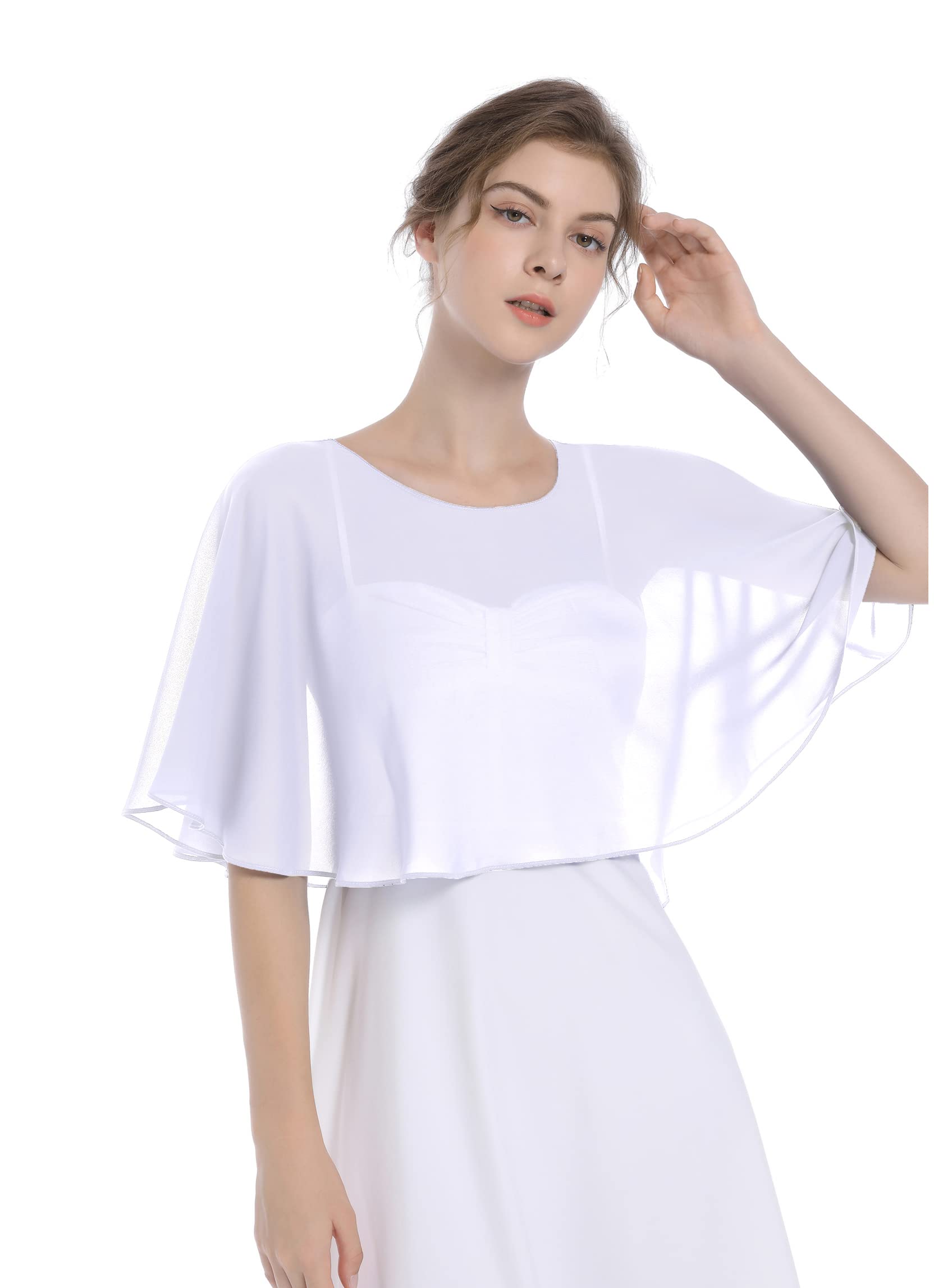 Baoqiya Wedding Capes Bridal Capelet Chiffon Lace Shrug Shawls and Wraps for Evening Dress, White, One Size