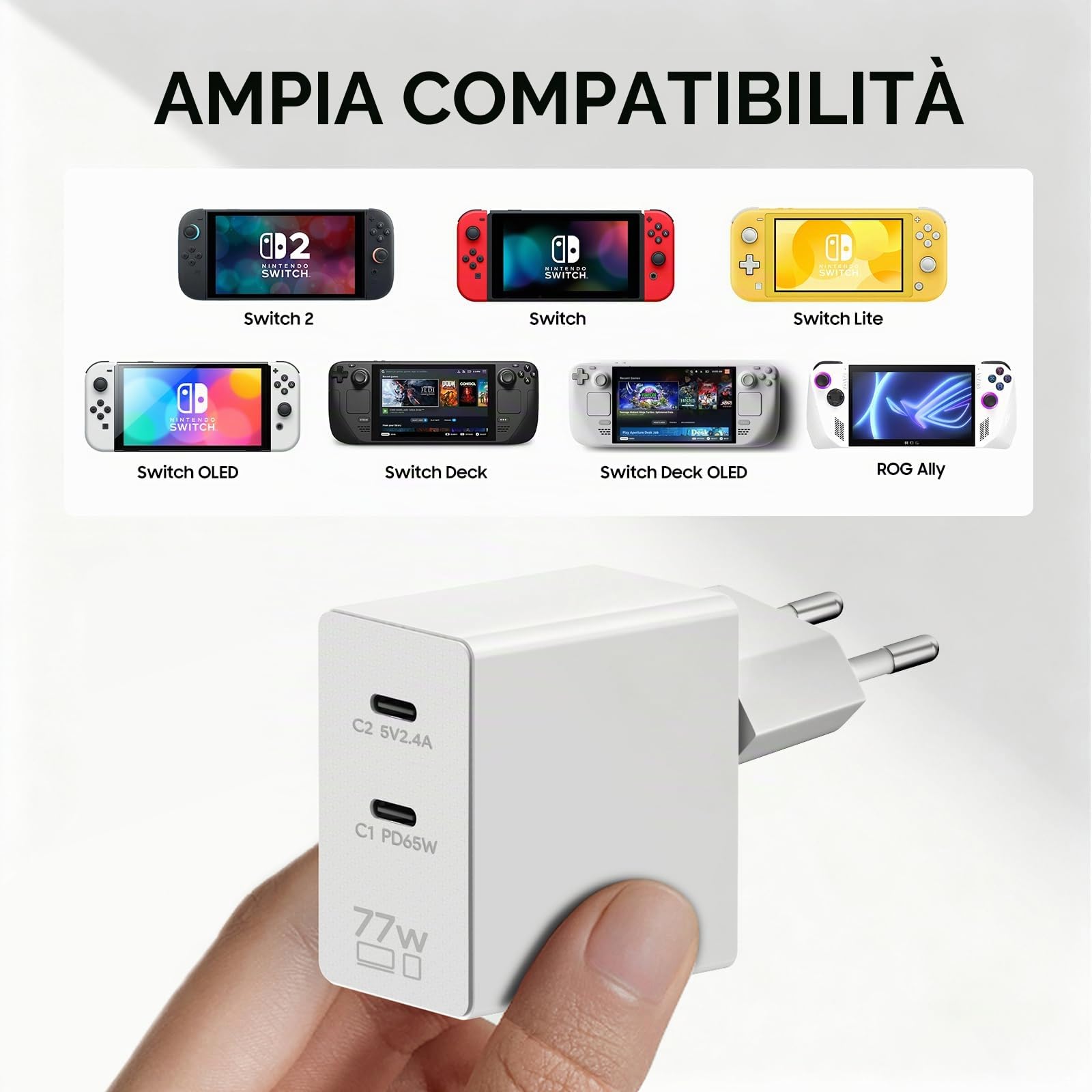Caricatore rapido a doppia porta USB C da 65 W per Steam Deck & ROG Ally Nintendo Switch/TV Dock/PS Portal/Lite Shark CH701, Beats Solo 4, JBL Xtreme 4, Asus Zenbook 14/15/17, adattatore Caricatore rapido a doppia porta USB C da 65 W per Steam Deck & ROG Ally Nintendo Switch/TV Dock/PS Portal/Lite Shark CH701, Beats Solo 4, JBL Xtreme 4, Asus Zenbook 14/15/17, adattatore