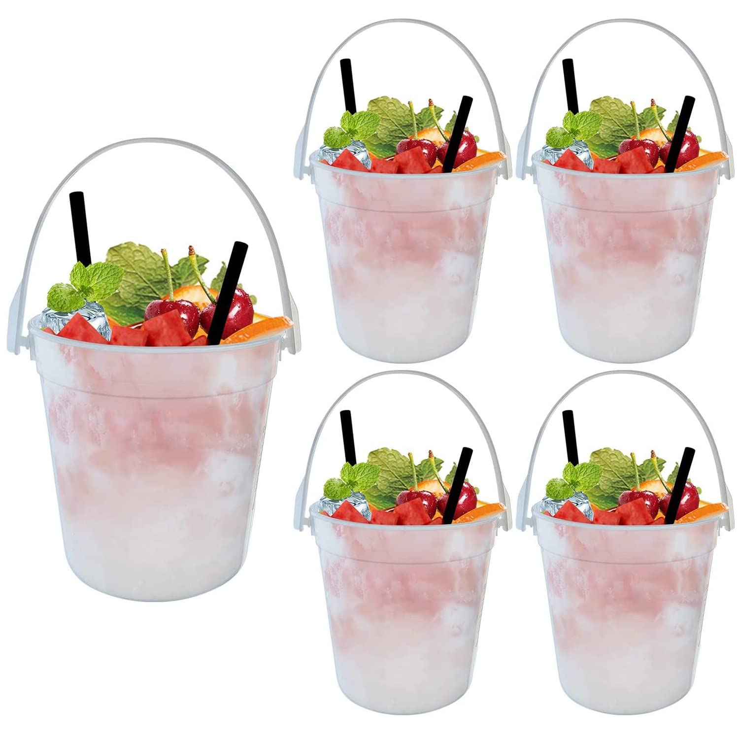 32oz Plastic Cocktail Buckets for Drinks, 5Pack Smoothie Bucket Reusable 1 Liter Smoothie Bucket, Multifunctional Rum Buckets for Parties Cocktails Beer Champagne Wine (White)