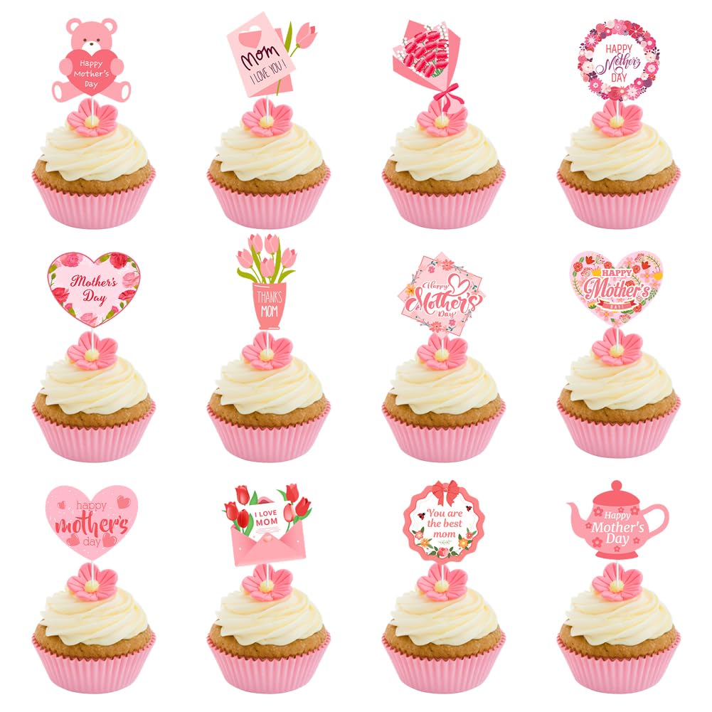 24PCS Happy Mother's Day Cupcake Toppers Pink Floral Best Mom Love Mom Cupcake Picks Small Cake Toppers Thanks Mother Heart Flowers Cupcake Toppers Food Fruit Picks for Mother's Day Party Cake Decor