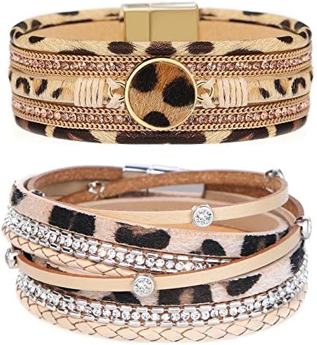 Gleamart 2 Pieces Multilayer Leather Bracelet Set Beads Wrap Bangles with Magnetic Buckle for Women