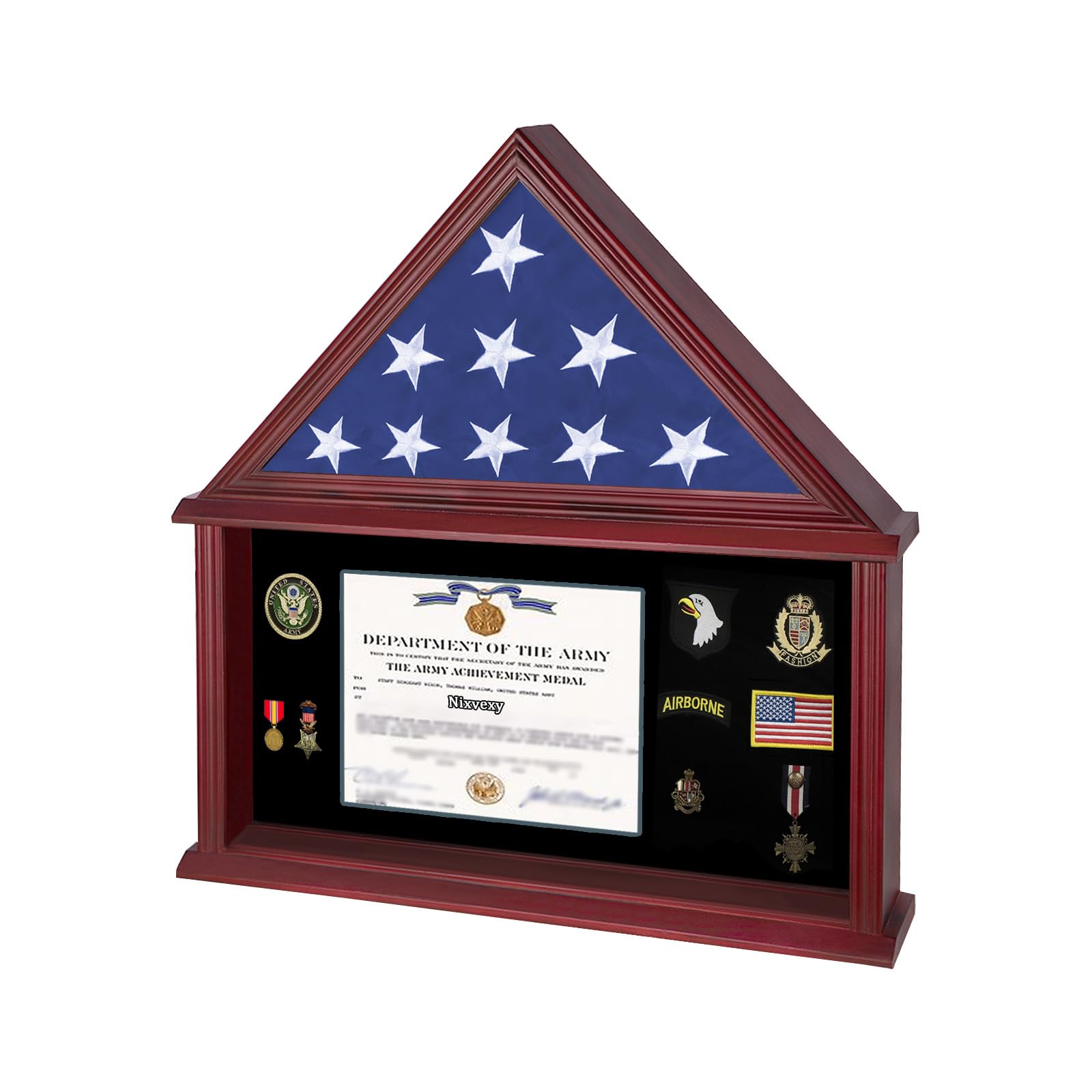 American Flag Display Case - Solid Wood, Fits 5' x 9.5' Folded Veteran Burial Flag, Large Military Show Box With Real Glass, Certificate Holder - Mahogany