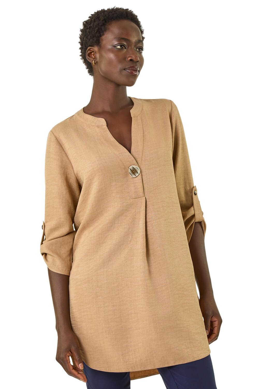 Roman Originals Women's Camel Shirt For Uk Longline Top Collarless Blouse Smart Tunic Casual Evening Relaxed Fit 3/4 Length Sleeve Notch V Neck Long - Size 12