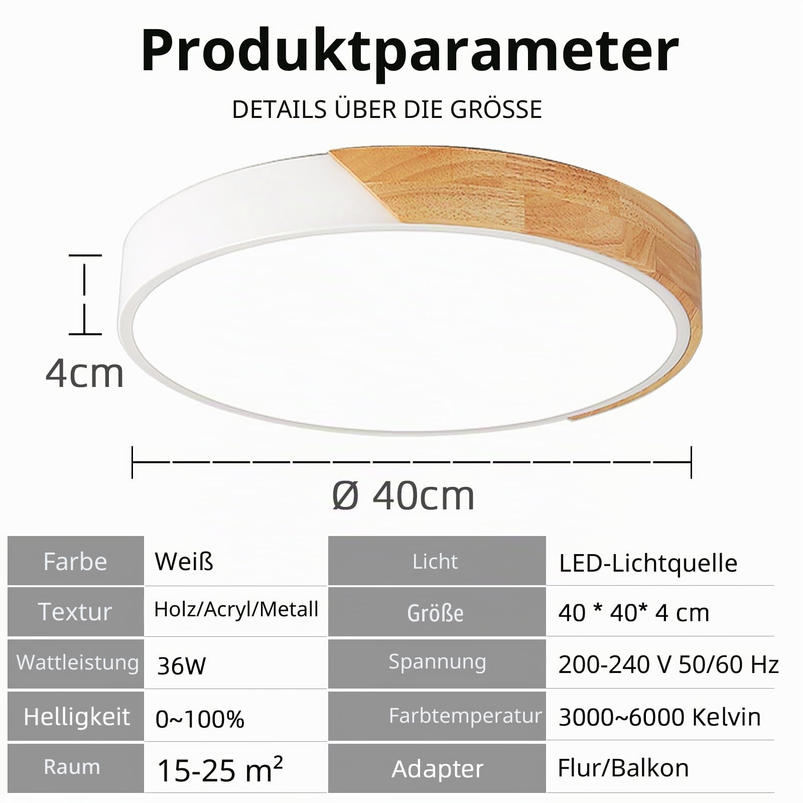 Style home 36W LED Deckenleuchte dimmbar mit Fernbedienung Ø40x4cm Holz