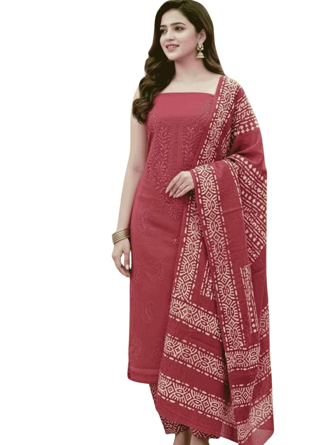 Bombay Batik Women's Pure Cotton Handblock Printing Batik Dress Material with Dupatta (Red) | Dress Material for Women-image-45