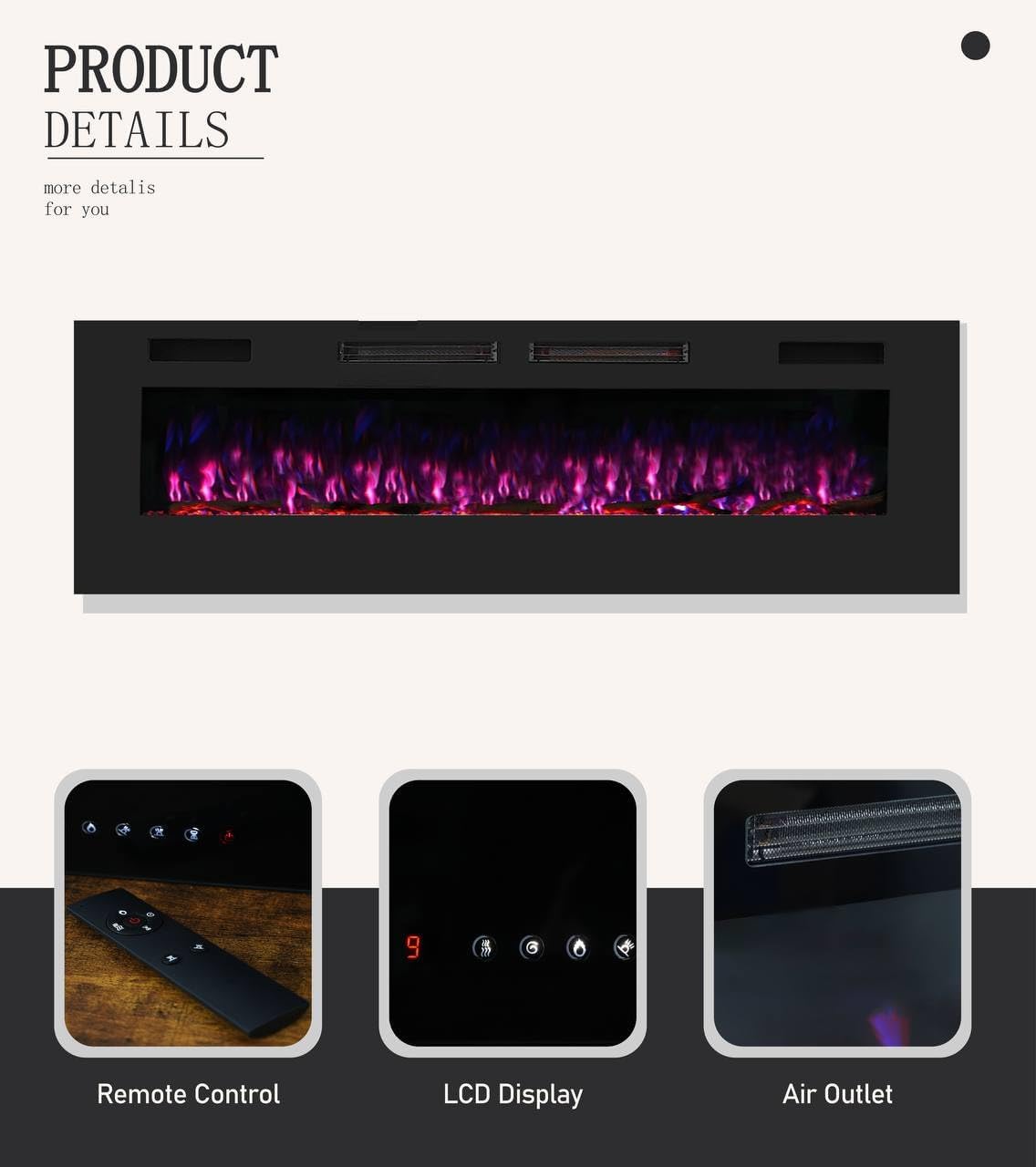 Image showing the product details including the remote control, LCD display, and air outlet of the Mystflame electric fireplace.