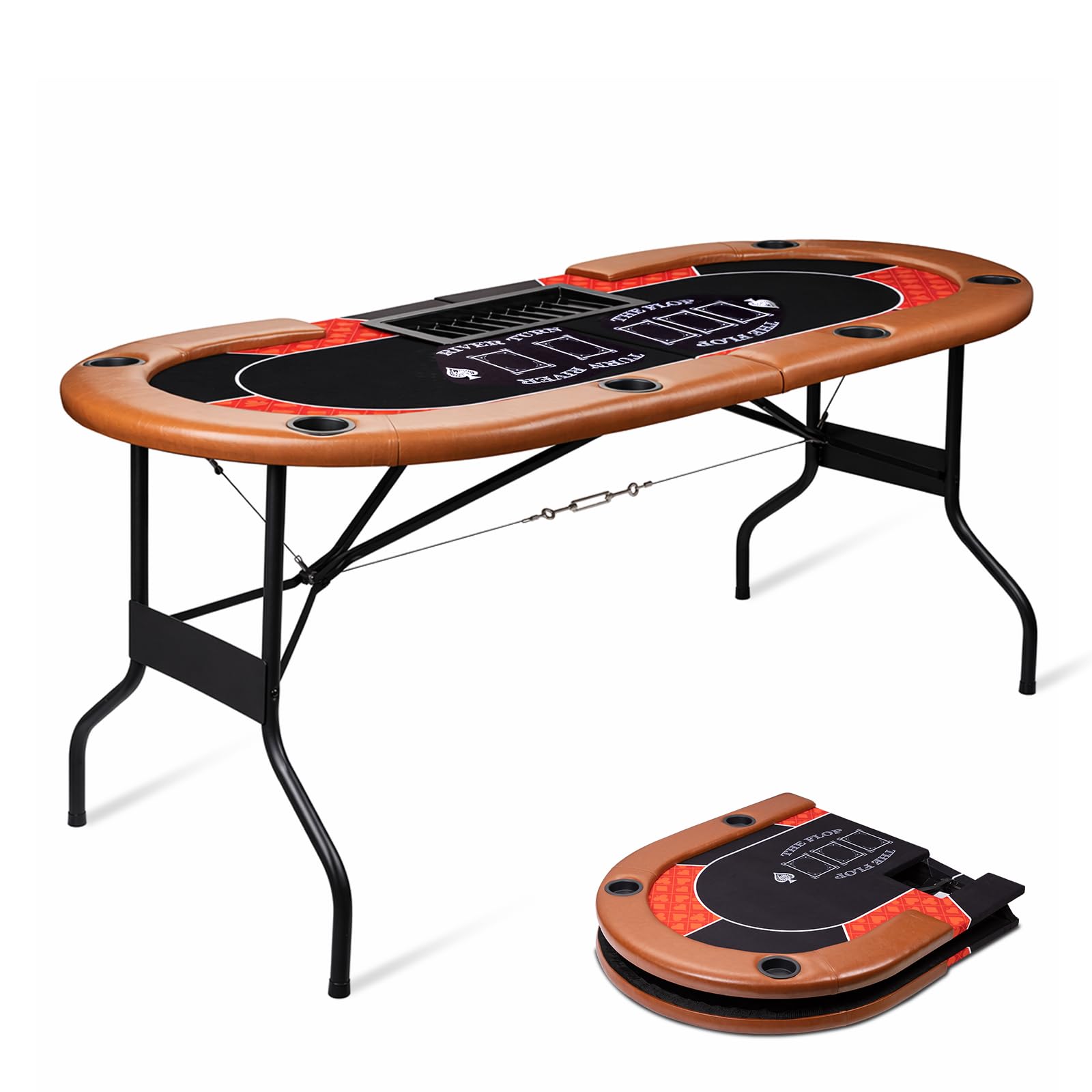 HLC 8 Player Foldable Poker Table, Oval Red Brown Texas Holdem Casino Table with 6 Cup Holders, Waterproof Surface, Padded Edge, Stable Steel Frame, Foldable for Home Club Use (No Assembly)