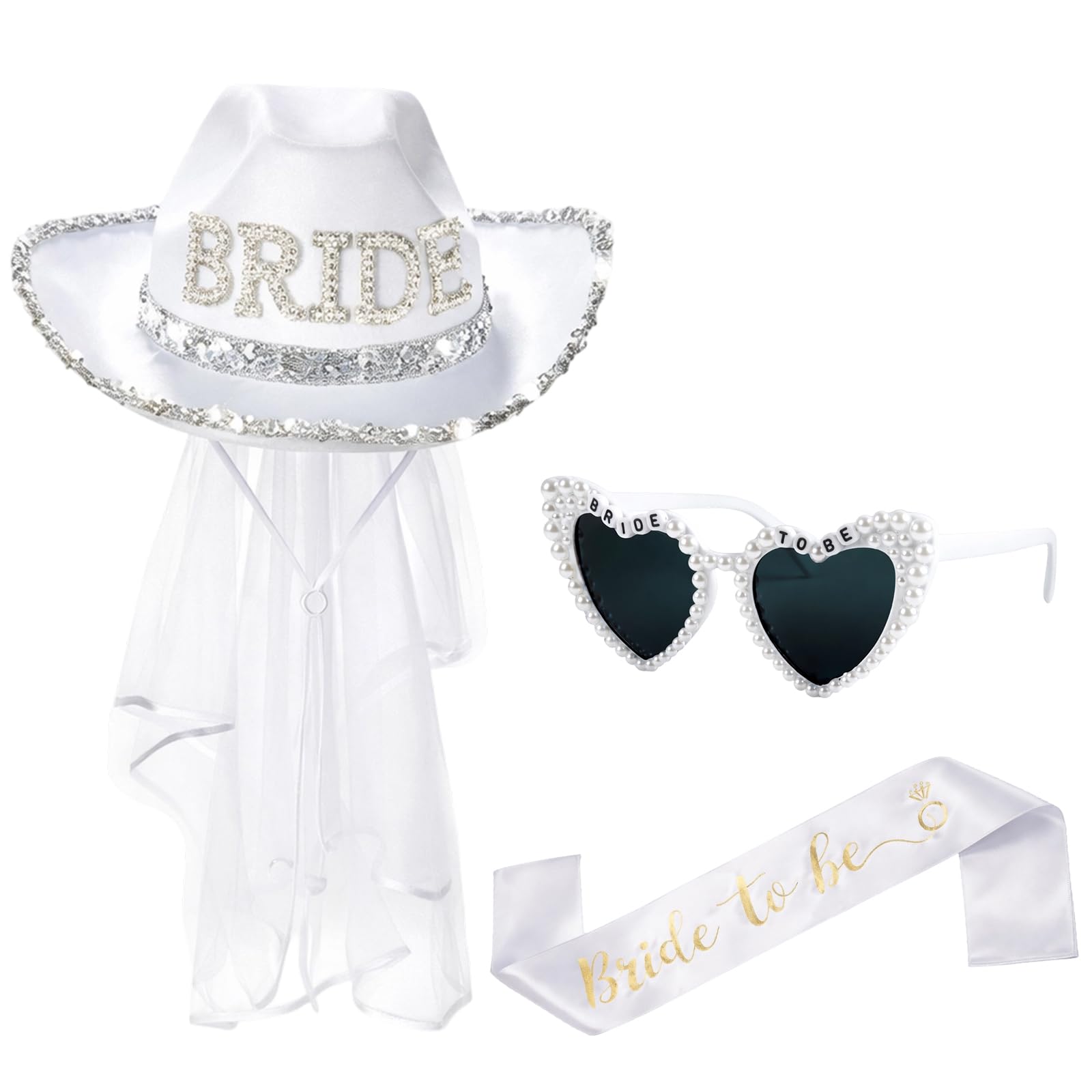 Bride Cowboy Hat, Bride to Be Sash and Sunglasses Set, Hen Party Accessories for Bride to Be, Cowgirl Outfits for Women with White Cowboy Hat and Veil, Bridal Cowgirl Hat with Sash and Sunglasses