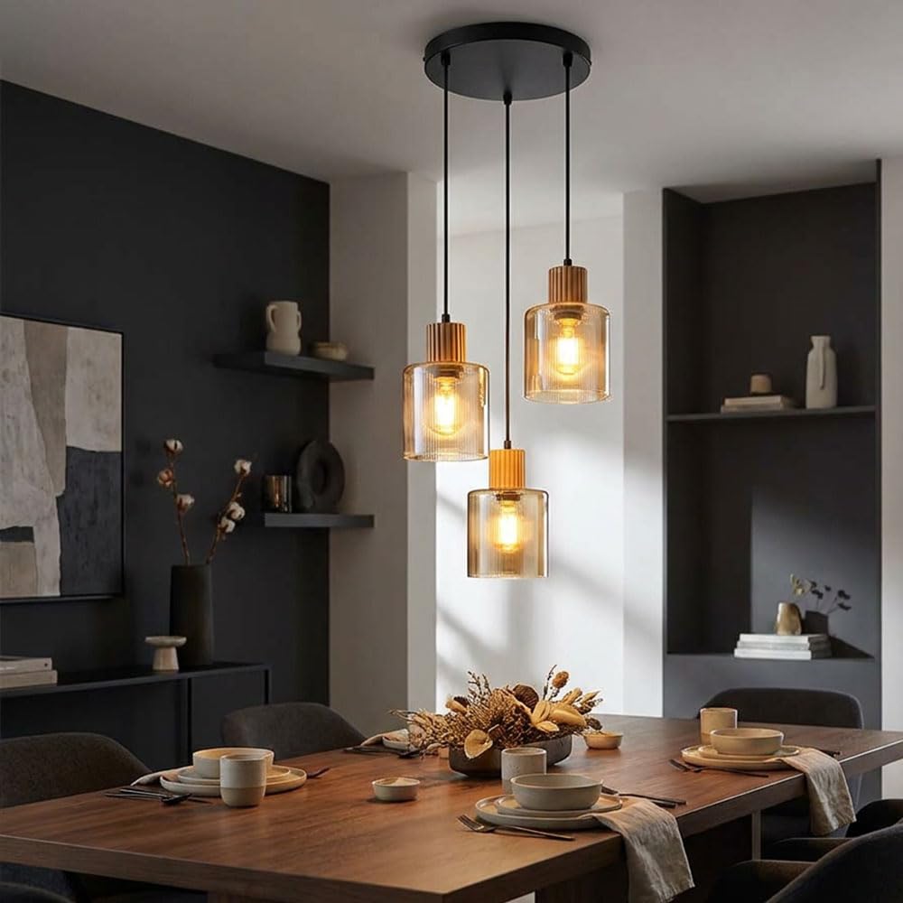 LED Pendelleuchte Hängelampe Esszimmerlampe 3-flammig Schwarz Holz H 120 cm