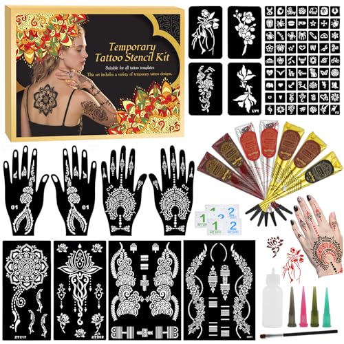 7PCS Tattoo Cones Temporary Tattoo Kit 4Color(2*Brown 2*Maroon 2*Cherry Red &1*Black) Ink with Large Designs Stencils Separate Bottle with 4 Bottle Mouths DIY Body Art Painting for Women Men Kids