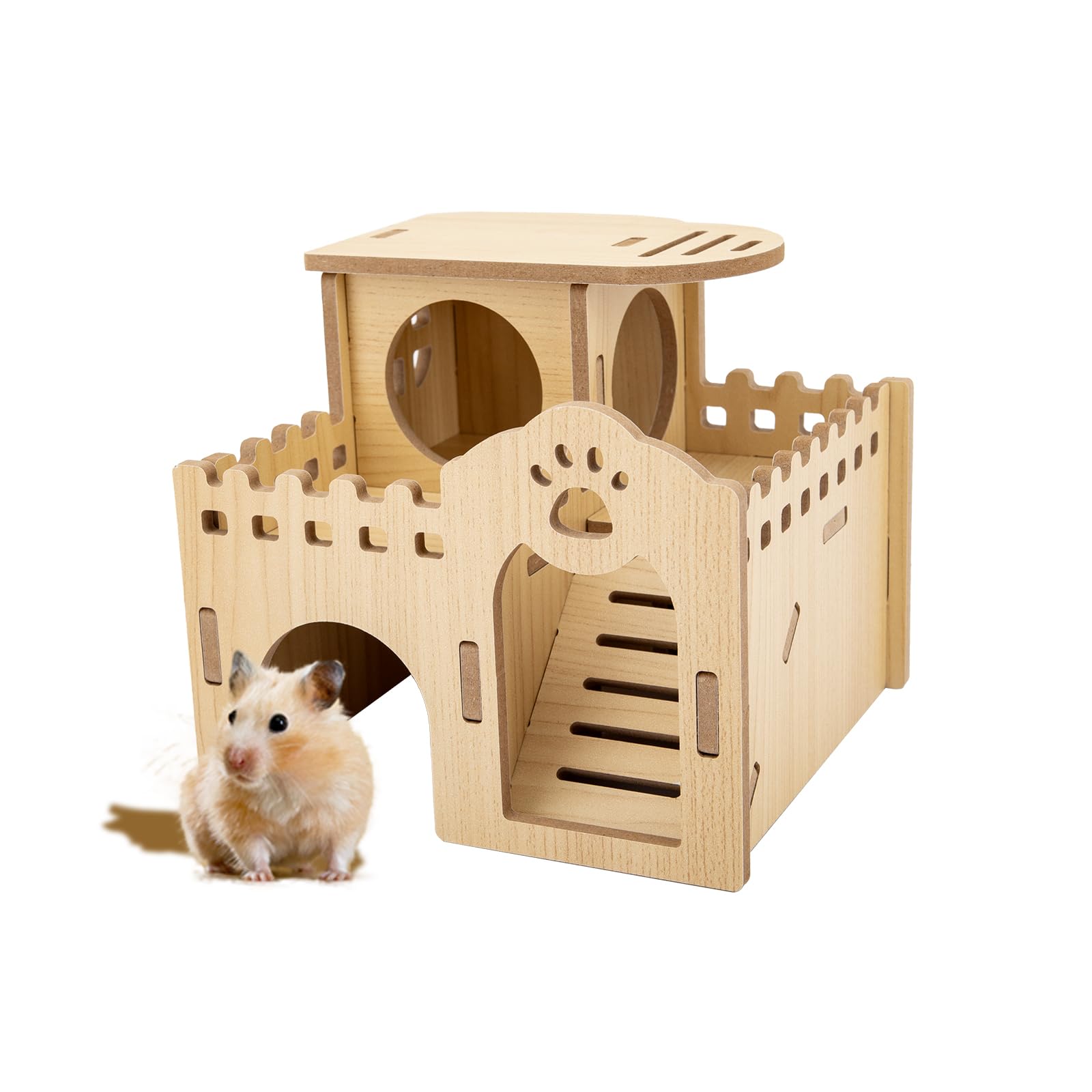 Natural Wood Hamster Habitat Hideout Cage Accessories, Maze Cabin with Fun Slide & Double-Decker House, Exercise Toys for Dwarf Hamsters, Gerbils,