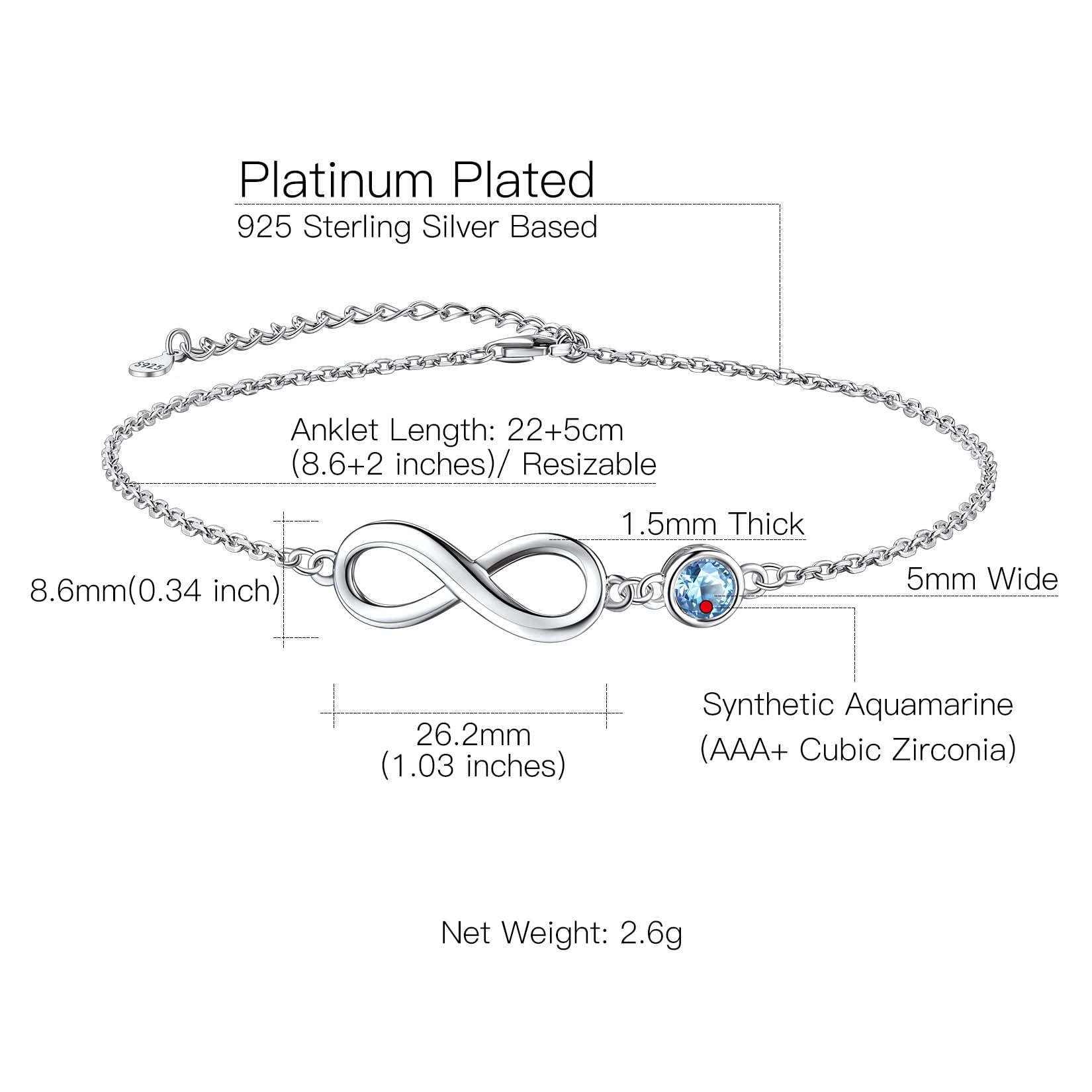 Suplight Cavigliera donna in argento sterling 925 con ciondolo infinito pietra sintetica di nascita da 12 mesi cavigliera catenina con pietra ipoallergico gioiello da spiaggia