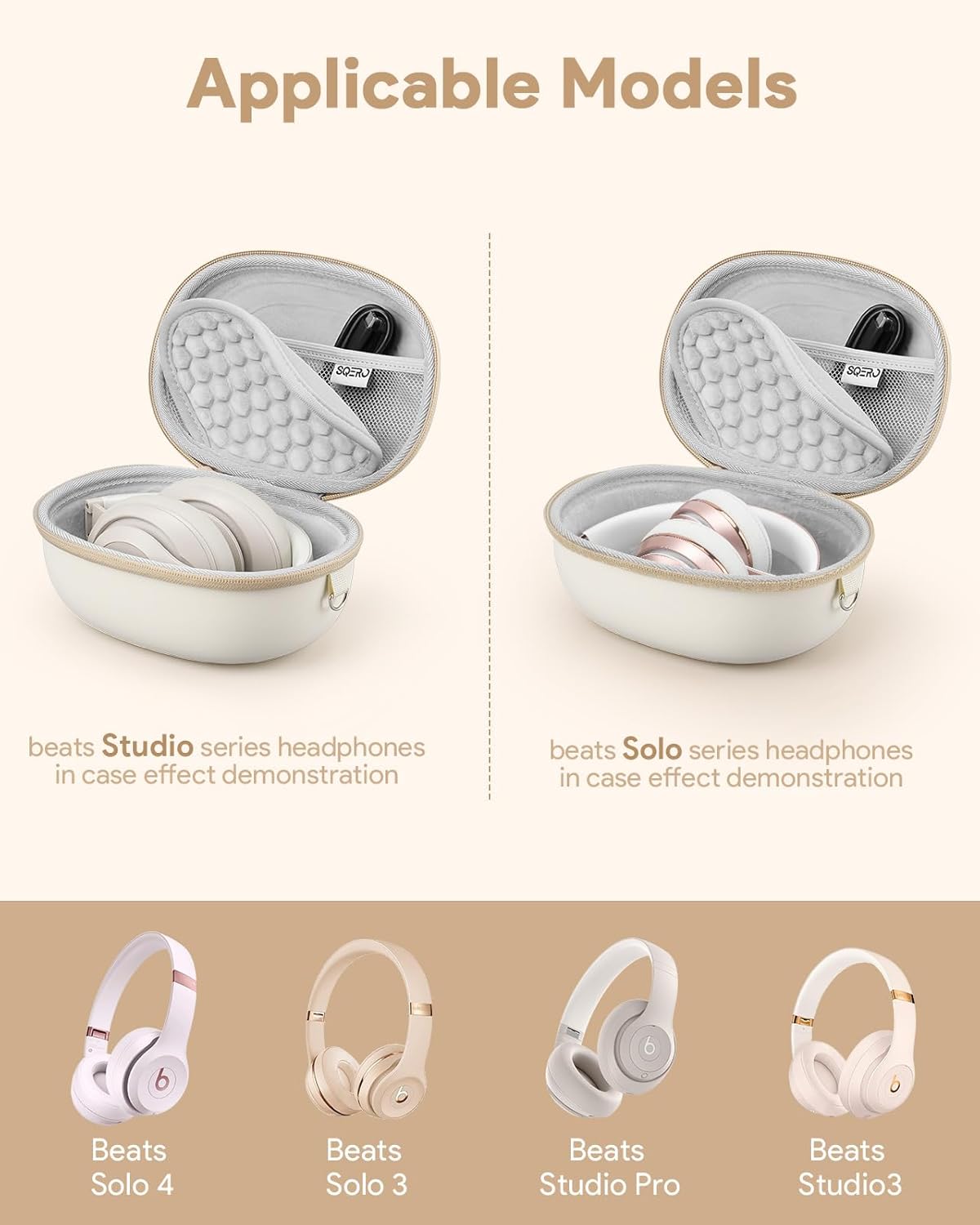 Case for Beats Studio Pro/Solo 4/Solo 3/Studio3 On-Ear Headphones, Portable Travel Hard Shell Storage Bag (Beige) - Image 2