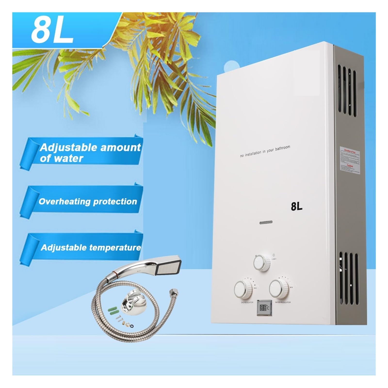 8L Bezzbiornikowy Podgrzewacz Wody Na Gaz Propan 16KW LPG Natychmiastowy Podgrzewacz Ciepłej Wody Bojler Wyświetlacz LED Outdoor Camping Z Zestawem Głowicy Prysznicowej szybko się nagrzewa(Silver)