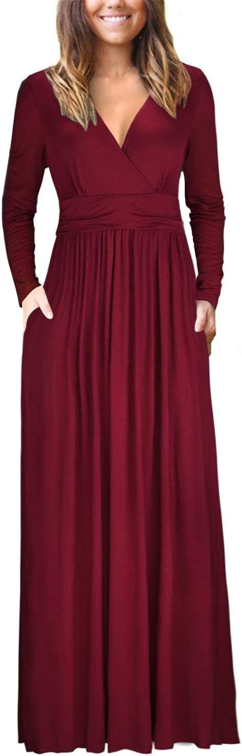 VOGRACE Women's Full Length Dress V-Neck Pockets Cocktail Party Maxi Dress Wine Red M