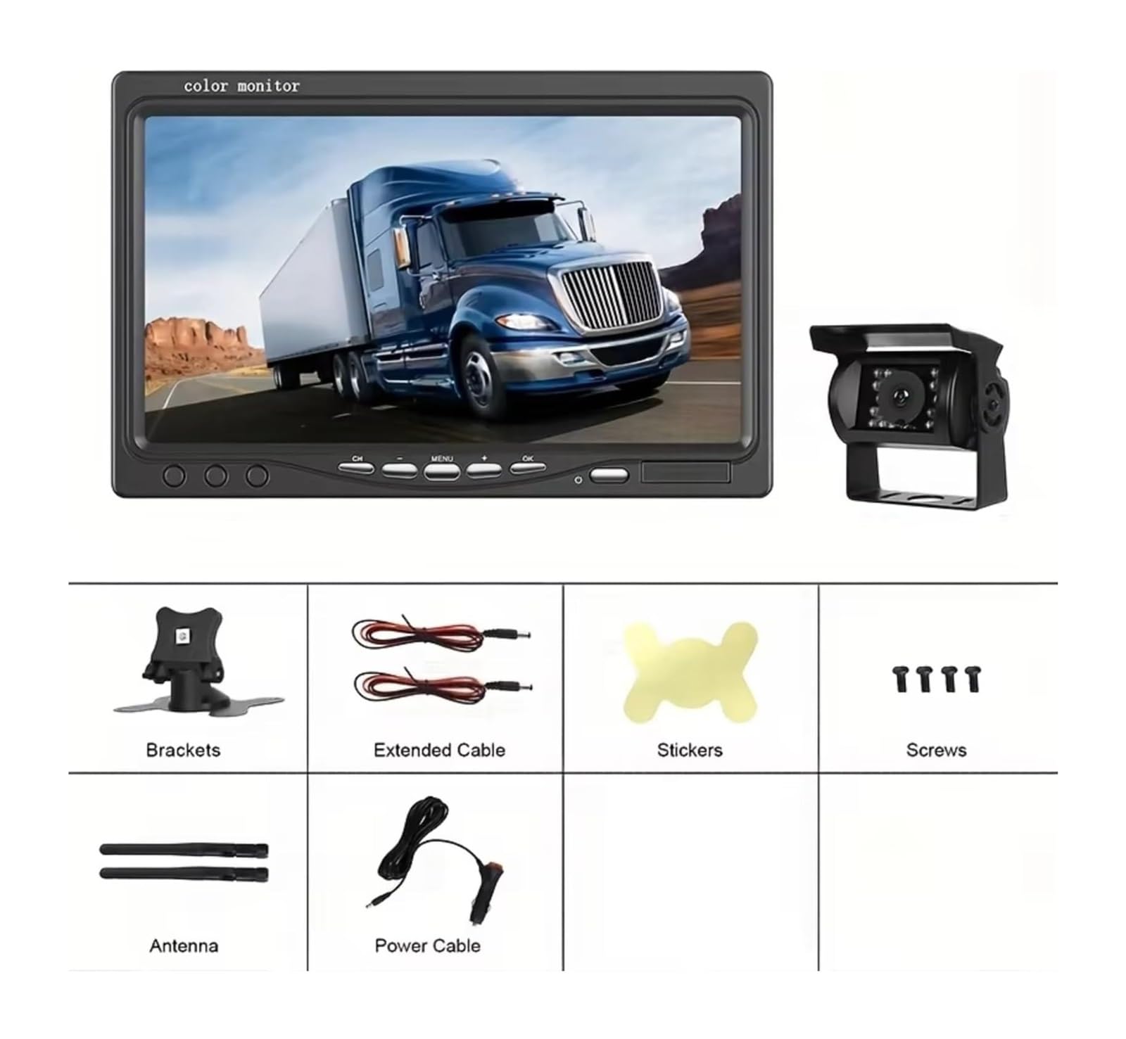 Cámara para Camión AHD De 7 Pulgadas 1080P Monitor Respaldo Señal Digital BSD, Advertencia Punto Ciego para RV Modo Alimentación por Enchufe Cámara de Respaldo