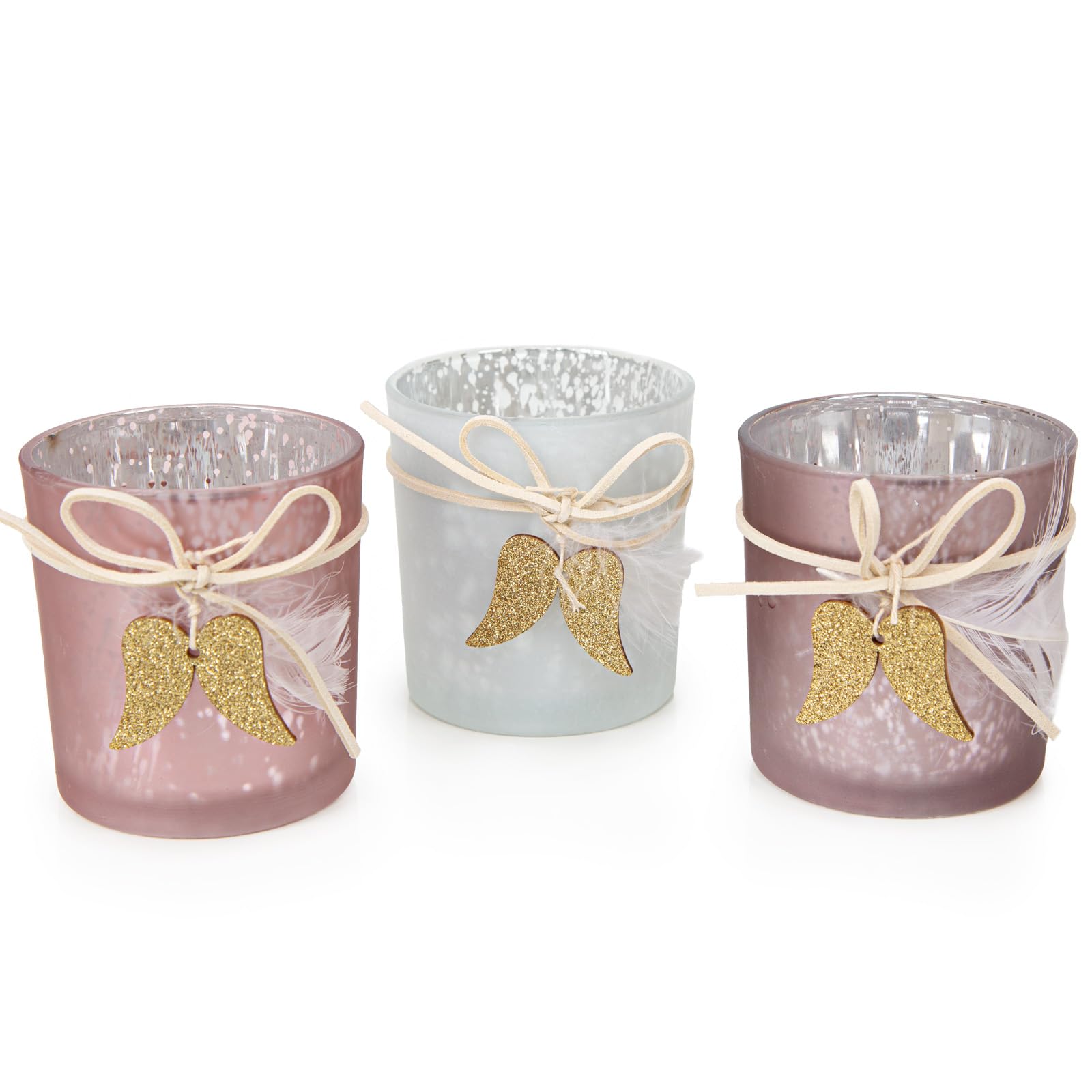 Logbuch-Verlag Juego de 3 portavelas de Navidad, color rosa, lila y blanco con alas doradas, decoración navideña, regalo de 7,3 x 8 cm