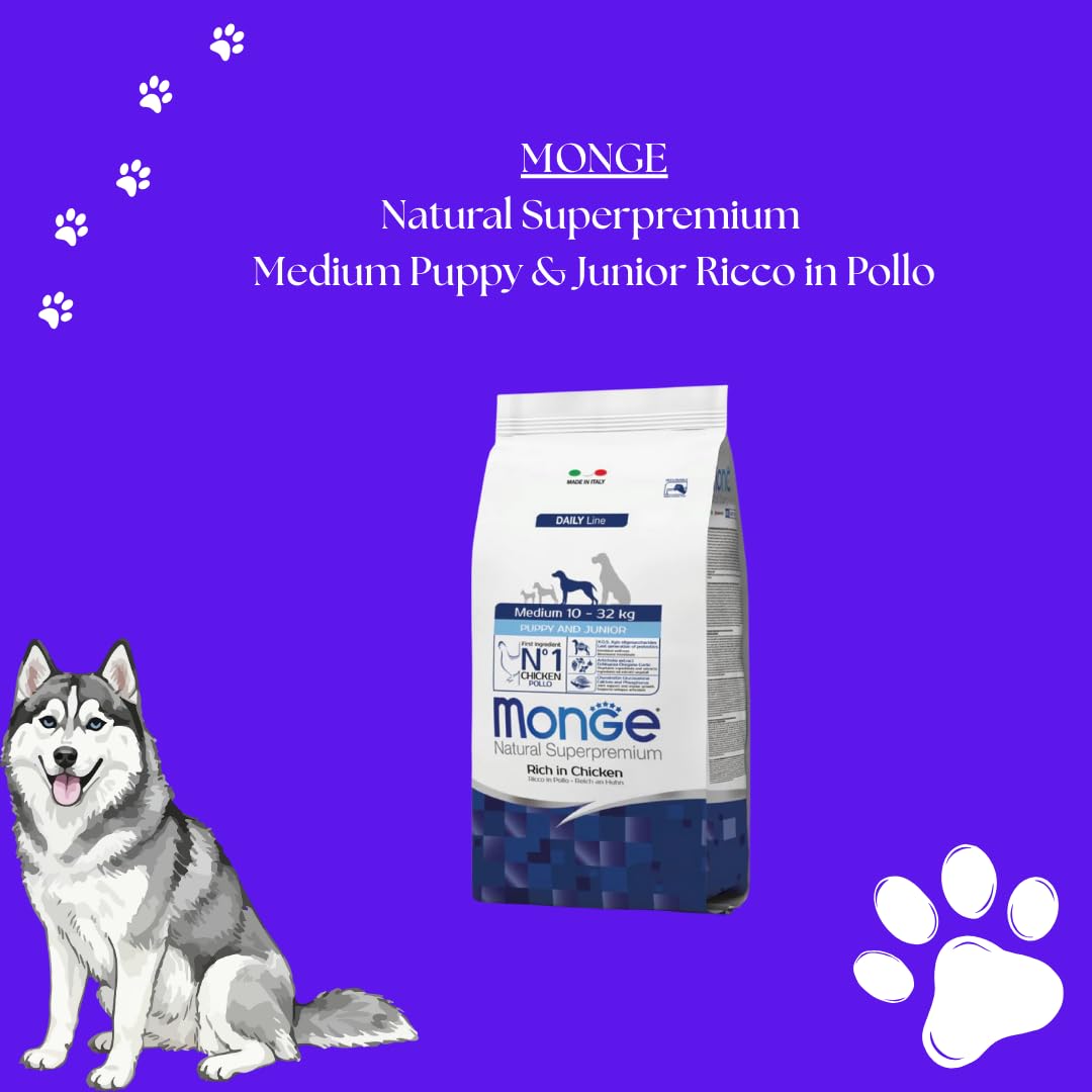 Monge - Perro natural Superpremium Medium Puppy & Junior rico en pollo, alimento seco completo para perros y cachorros de talla media (10-32 kg), fabricado en Italia, 1 paquete de 12 kg, 1 x 12 kg