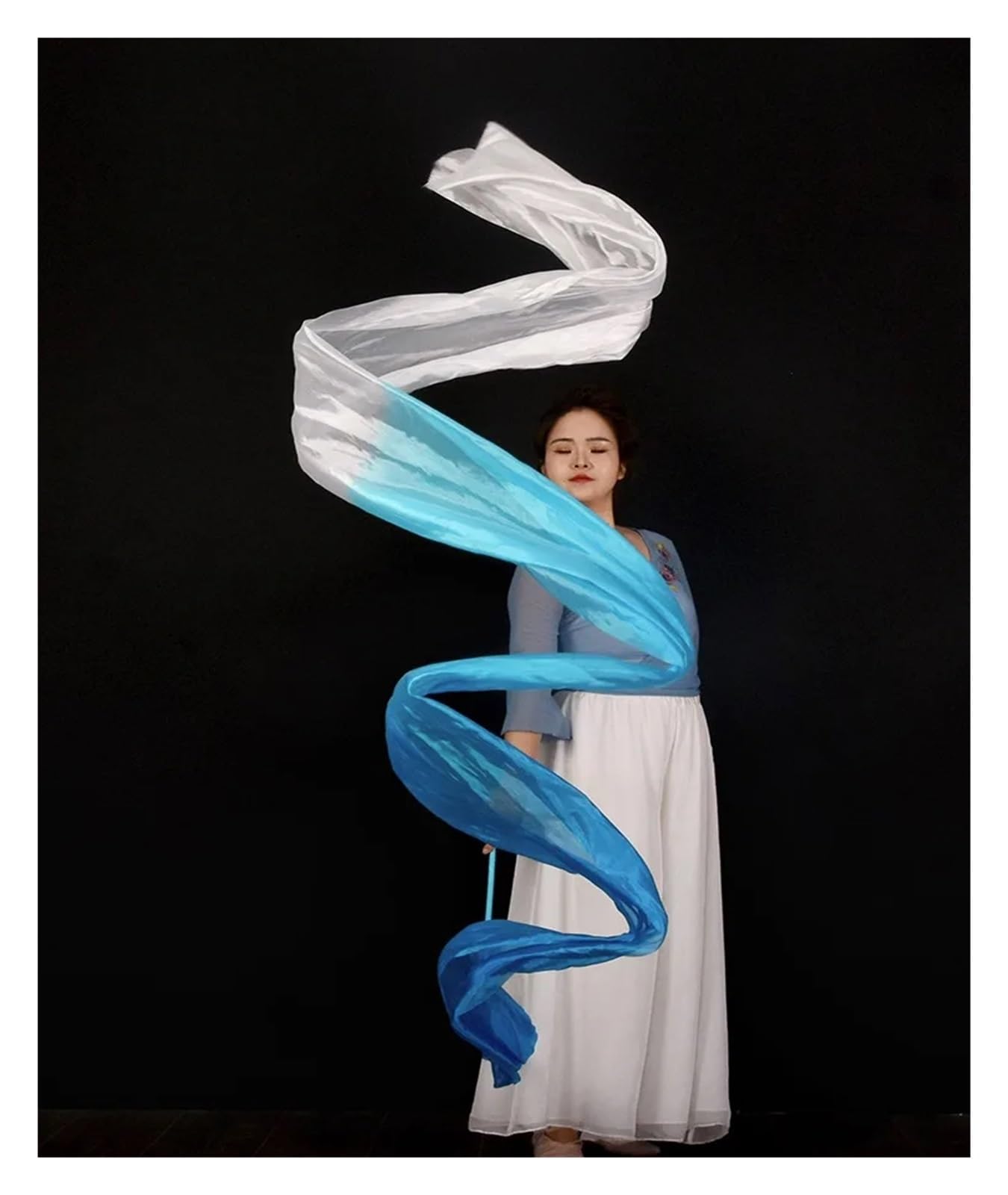 Banderole de Danse en Polyester à Fleurs, Rubans de Gymnastique Rythmique, Spectacles de Danse Artistique, Adoration, louange, bannière prophétique(Blue White)