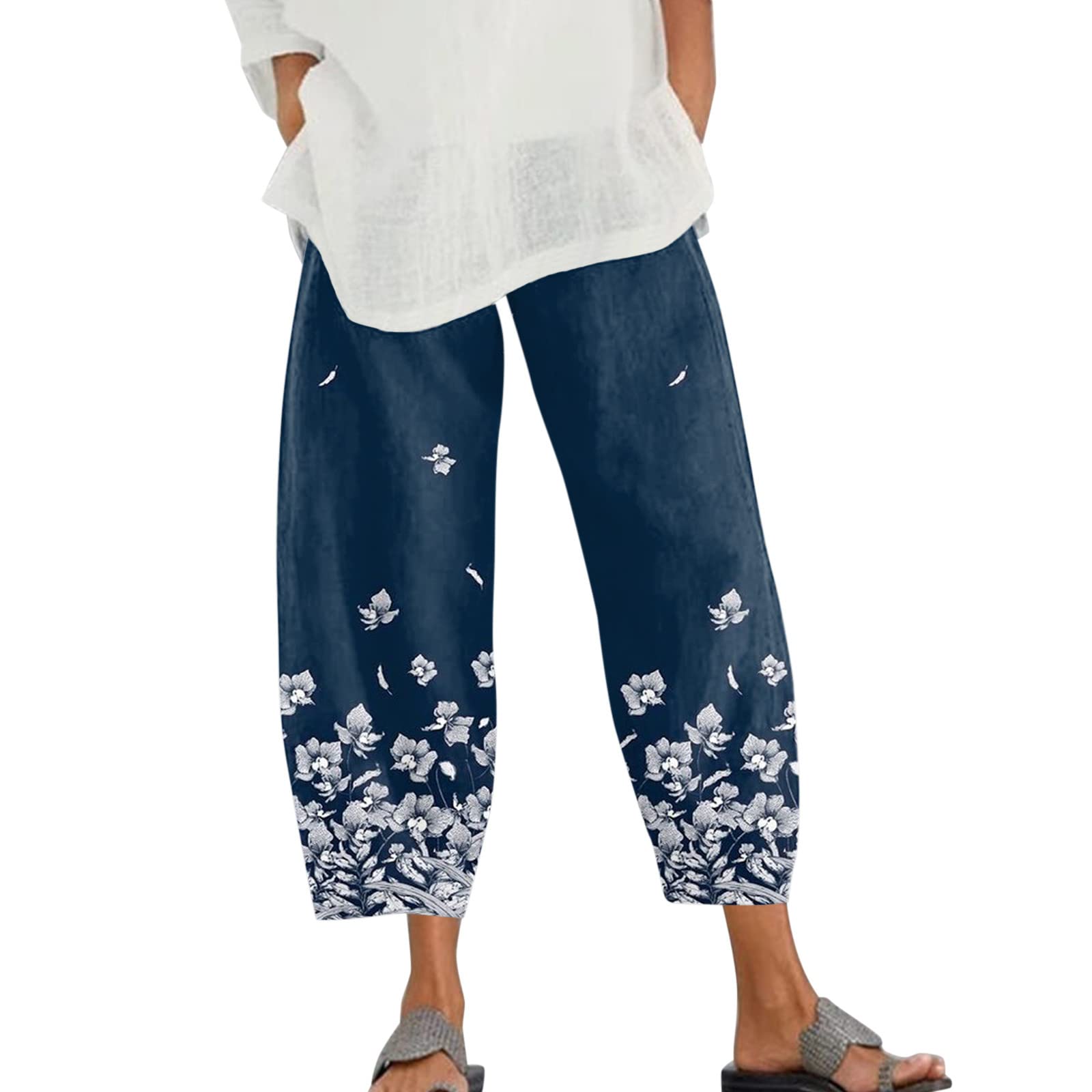Thatso Women Gradient Floral Cotton Linen Pants Summer Comfy Wide Leg Cropped Trousers Pockets Loose Fit Capris Pants