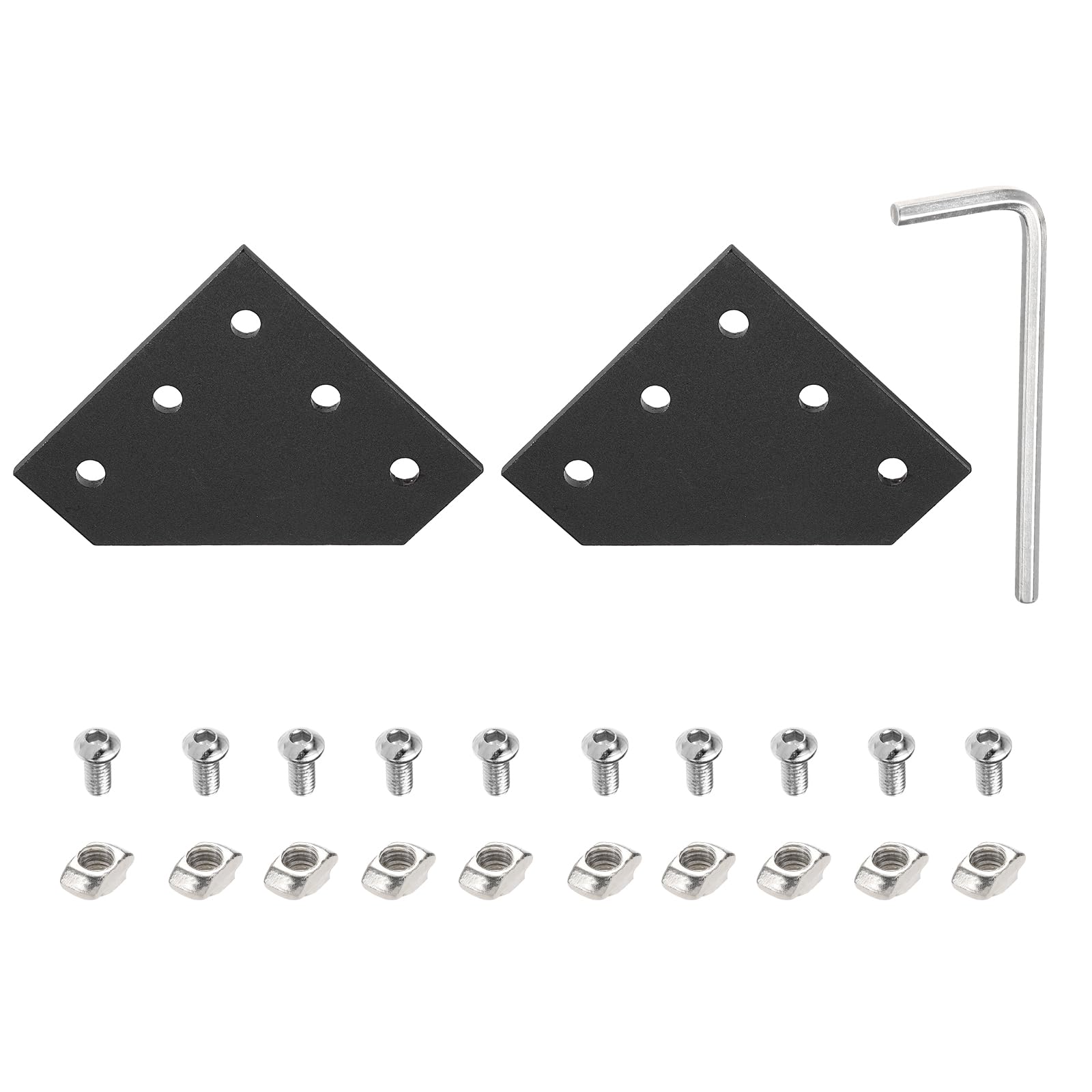 sourcing map 2 Sets L Shape Corner Bracket Connectors, 5 Holes 2020 Aluminum Extrusion Joint Plate with 10pcs M5 t Nuts, 10Pcs M5x10 Hex Socket Cap Screw and 1Pcs M4 Wrench, Black