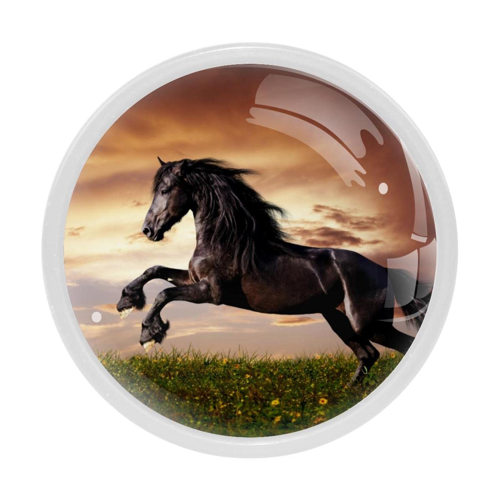 JAVENPROEQT Black Friesian Horse Gallop Drawer Knob Pull Handle 1.18 Inch Crystal Glass + ABS for DIY Project Kitchen Living Room Furniture Decoration 4 PCs