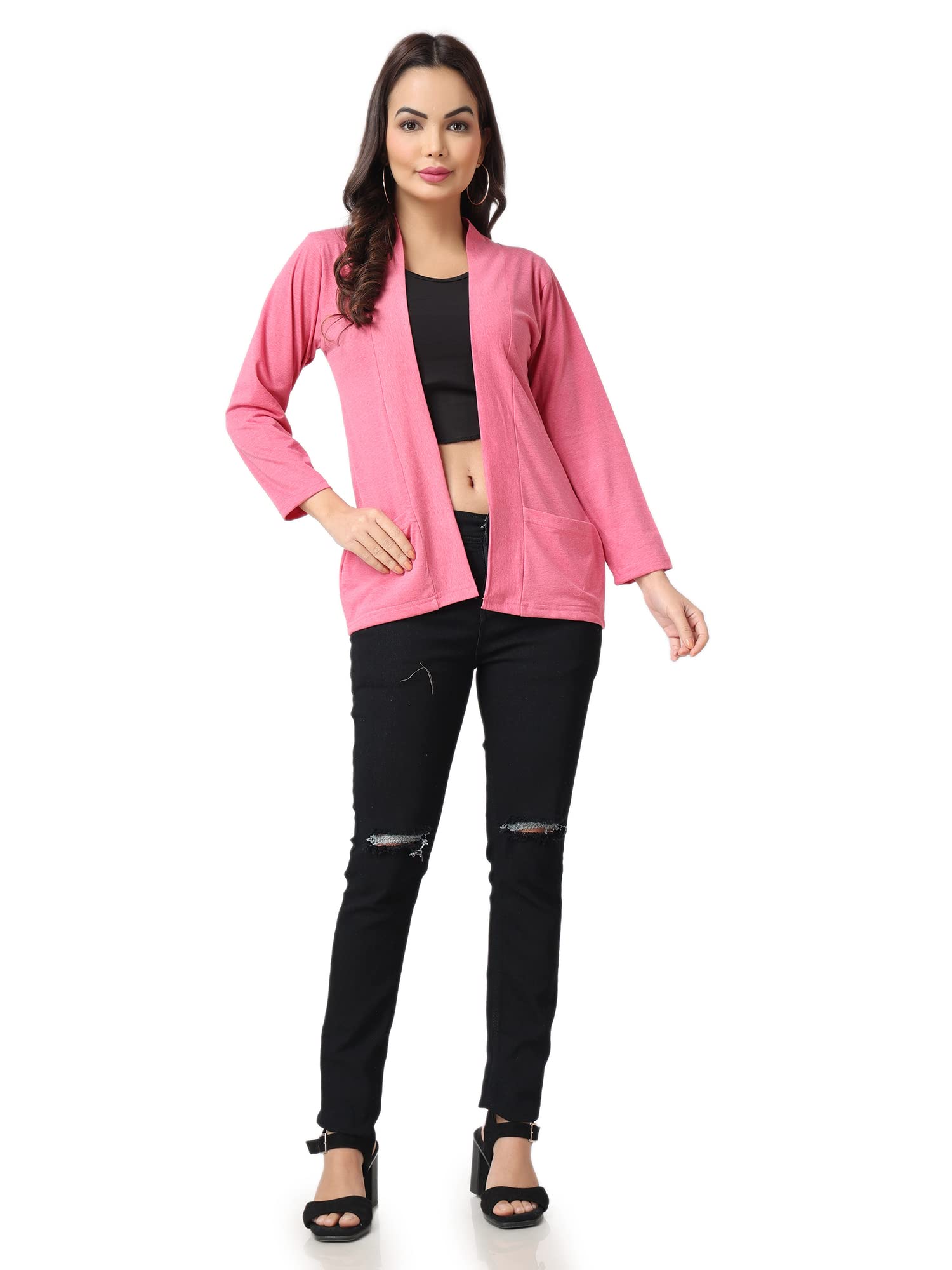 Girl's & Women's Cotton Two Pocket Long Sleeves Shrug - (Pink, Small)-image-44