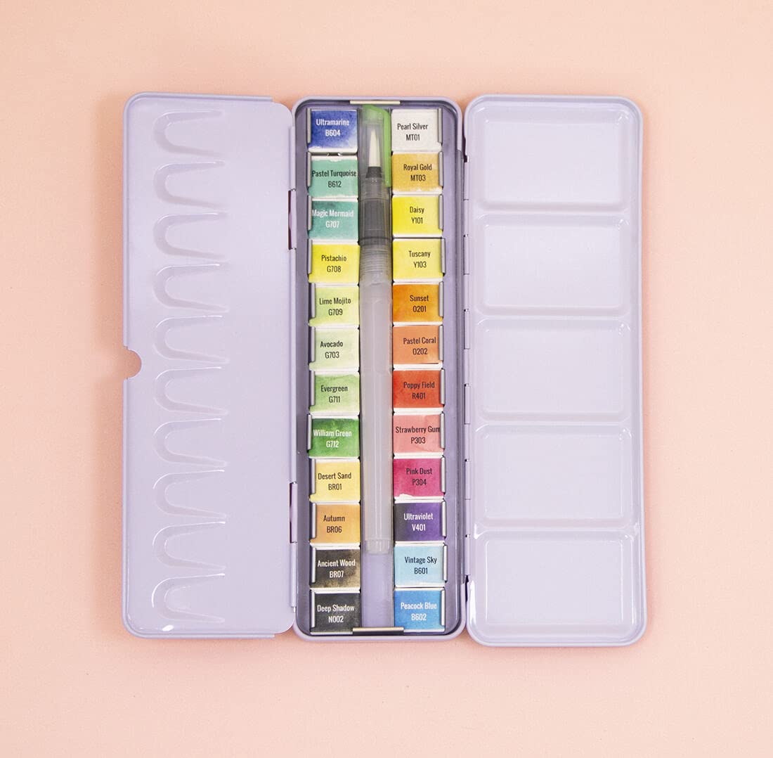 Craftelier - Caja de Pastillas de Acuarelas con Surtido de 24 Colores + Pincel con Depósito de Agua o Waterbrush para Caligrafía, Lettering o Mixed Media y otras Manualidades | Alta Pigmentación