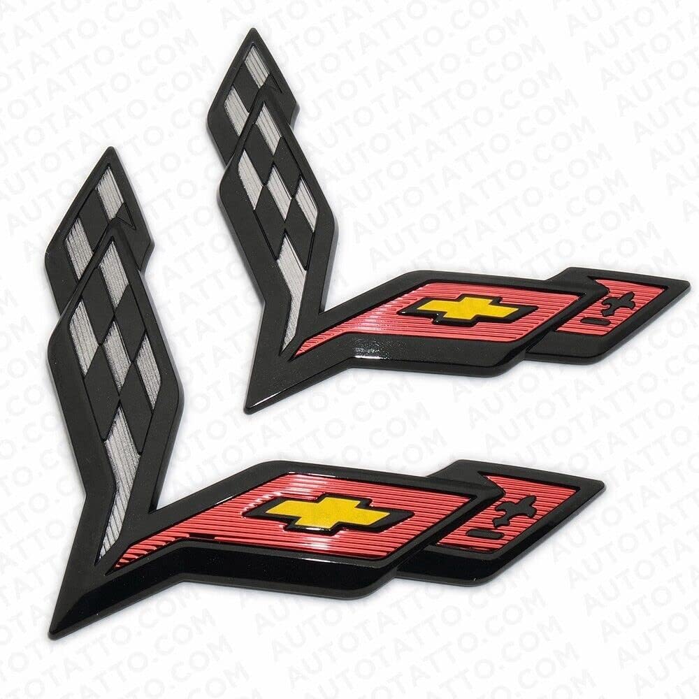 2 Pack CV-C7B C7 Corvette Stingray Front & Rear Crossed Flags Emblems Trunk Hood Badge Replacement for C7 (Black Carbon Flash)