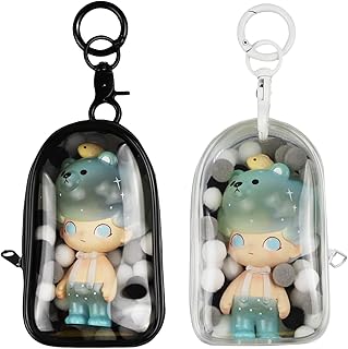 2 Pack Clear Figure Display Bag with Keychain, Portable Collectibles Display Case for Mini Figures, Dolls, Dustproof Waterproof Small Doll Storage Bag Hanging Organizer Zipper Case