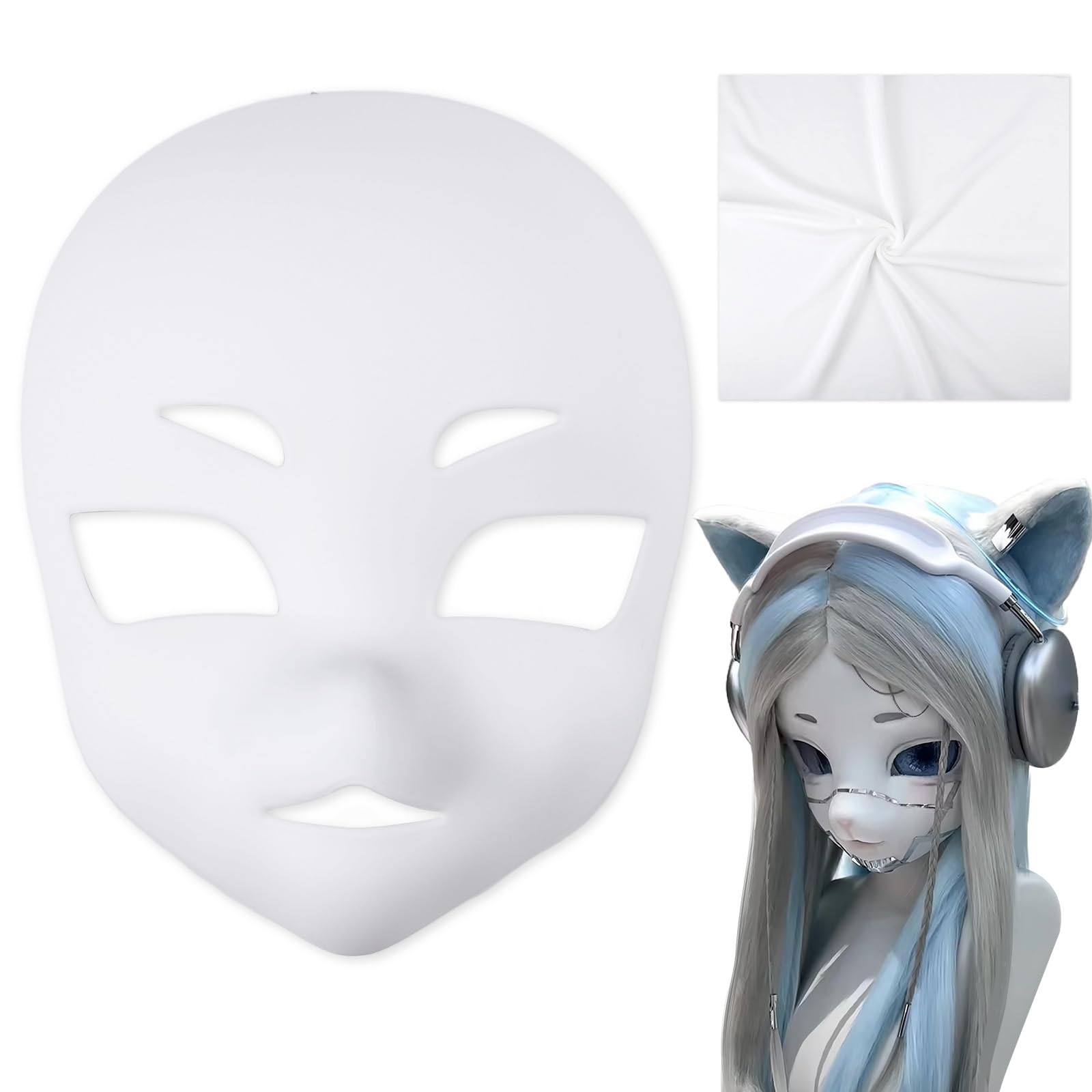 Animal Fursuit Kig Furry Head Base 3D Printed Mask Skull Cat Cut Mask for Furry Costume Roleplay PP White Masks Masquerade Cosplay Props Includes Felt Velvet Soft Fabric