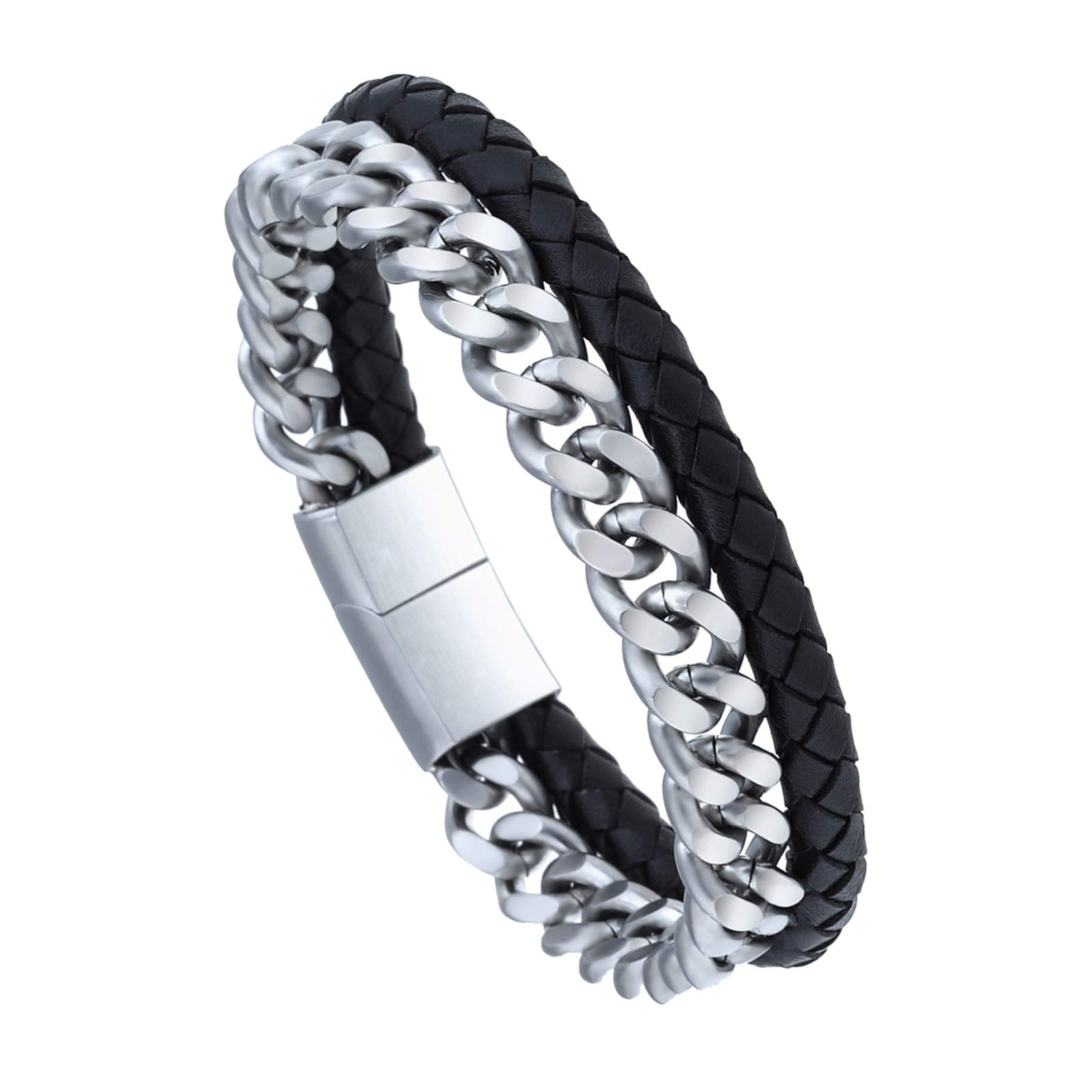 Mens Bracelets Leather and Steel, Cowhide Braided Leather Bracelets for Women Gothic Stainless Steel Chain Bracelets Cuban Link Bracelet for Men