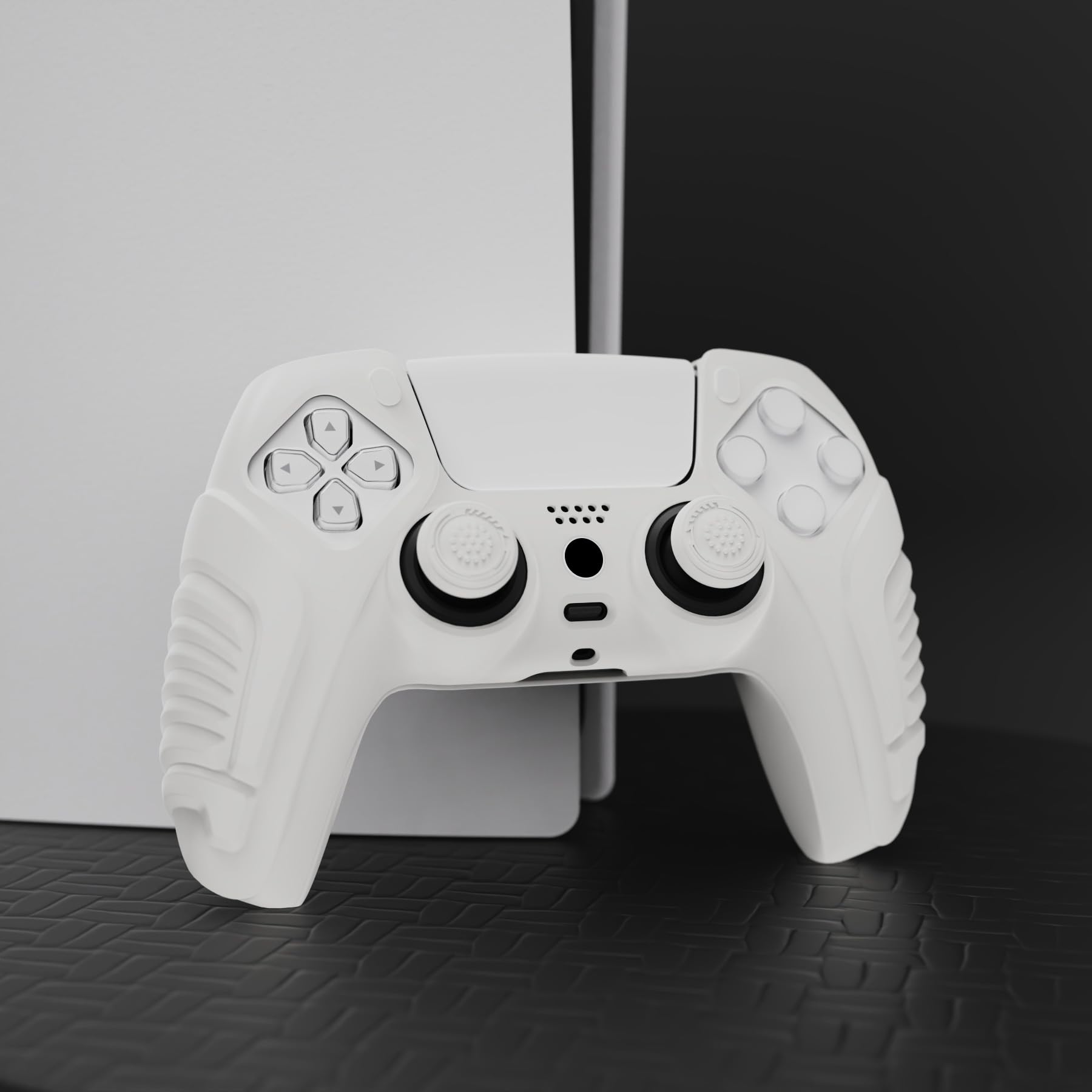 PlayVital Cover Skin Silicone Protettiva per ps5 Joystick,Custodia Antiscivolo Copertura Gomma per Controller con Copri Levette Analogiche(Guerriero Furioso Edizione)-Bianco
