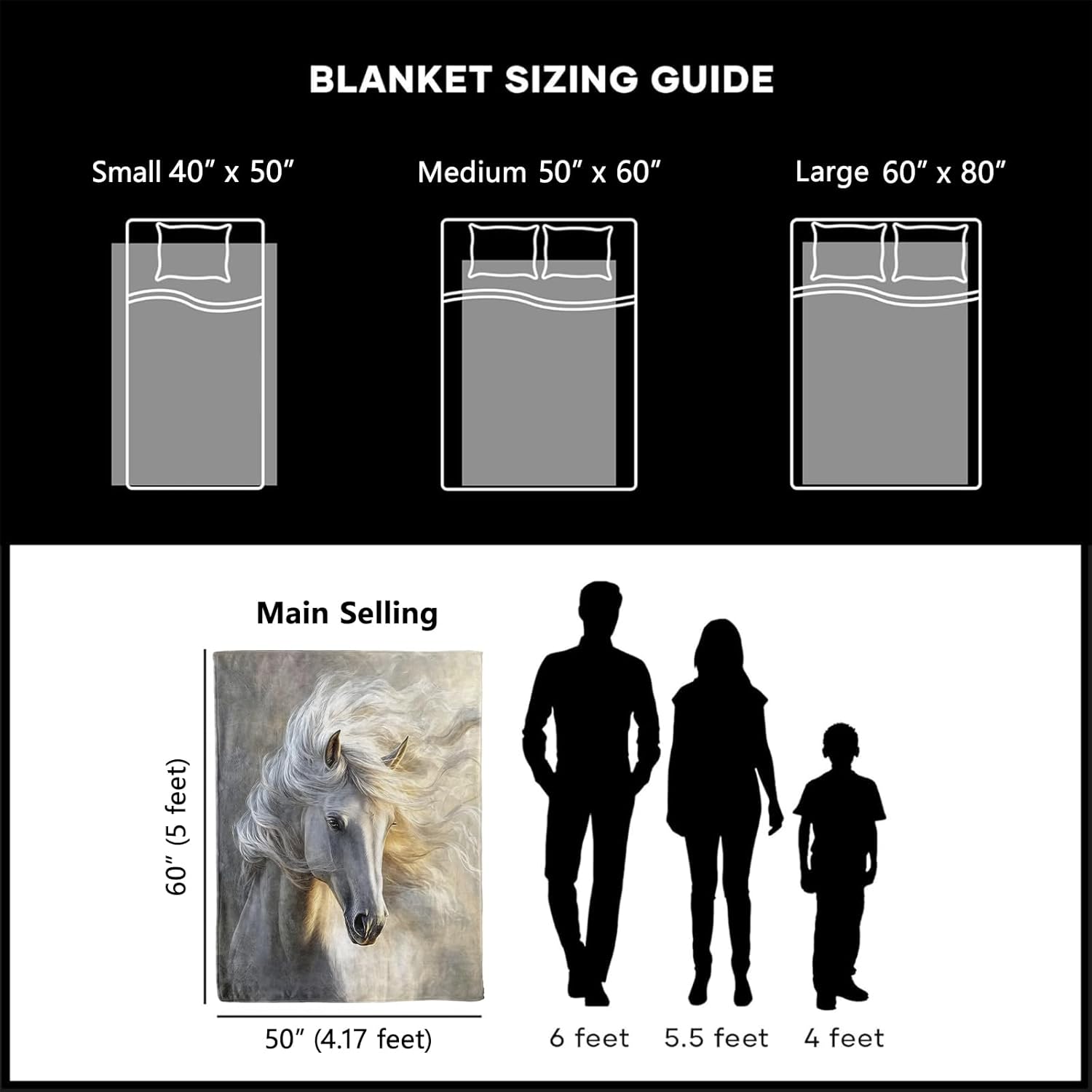 Majestic White Horse Blanket, Cozy Plush Throw Blanket for Couch Bedroom Outdoor, Lightweight Soft Flannel Travel Blankets, Gifts for Women Adults Kids, Warm Decor 50"×60"